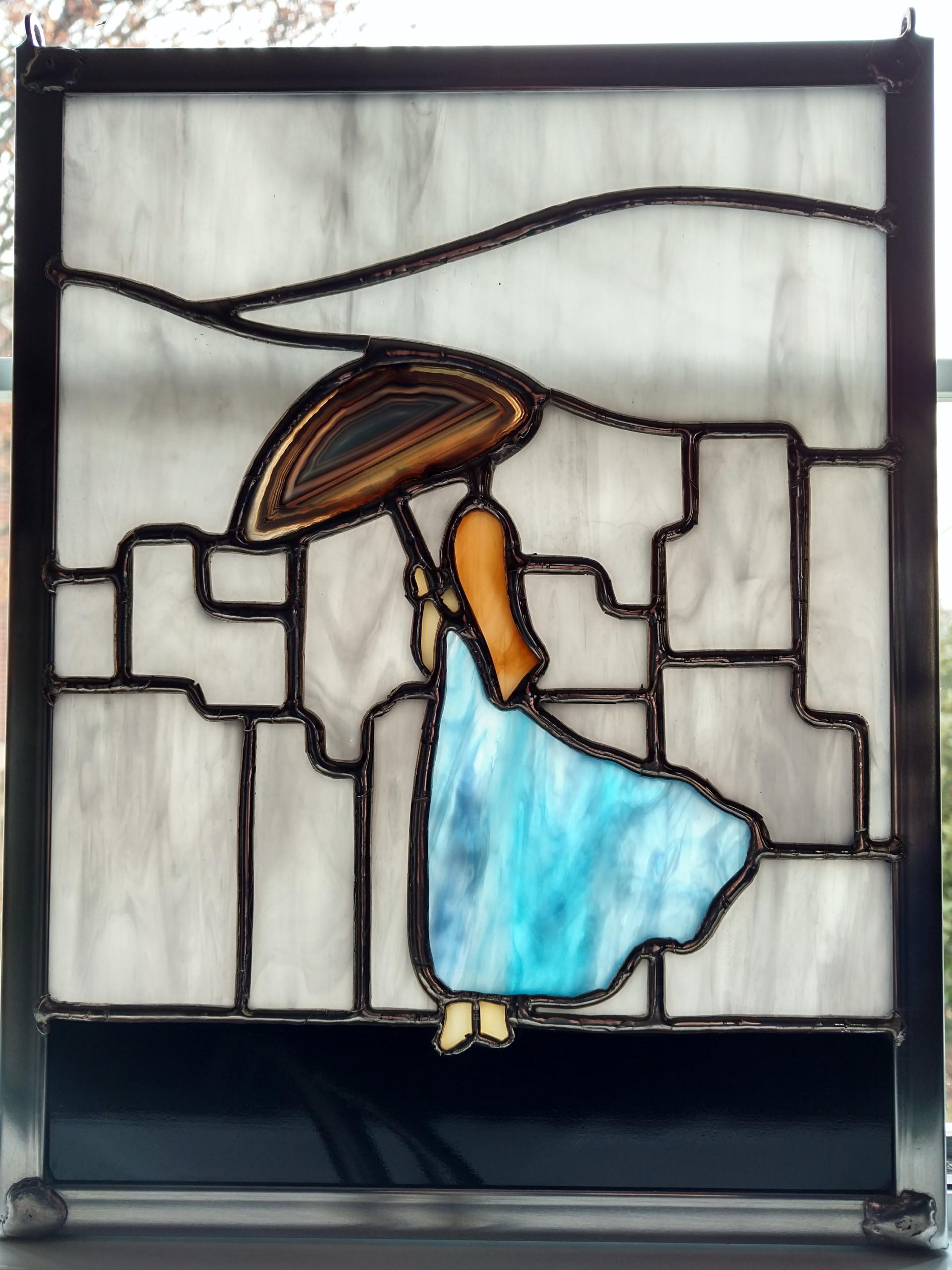 Stained Glass Woman, Rainy City Skyline Window Panel