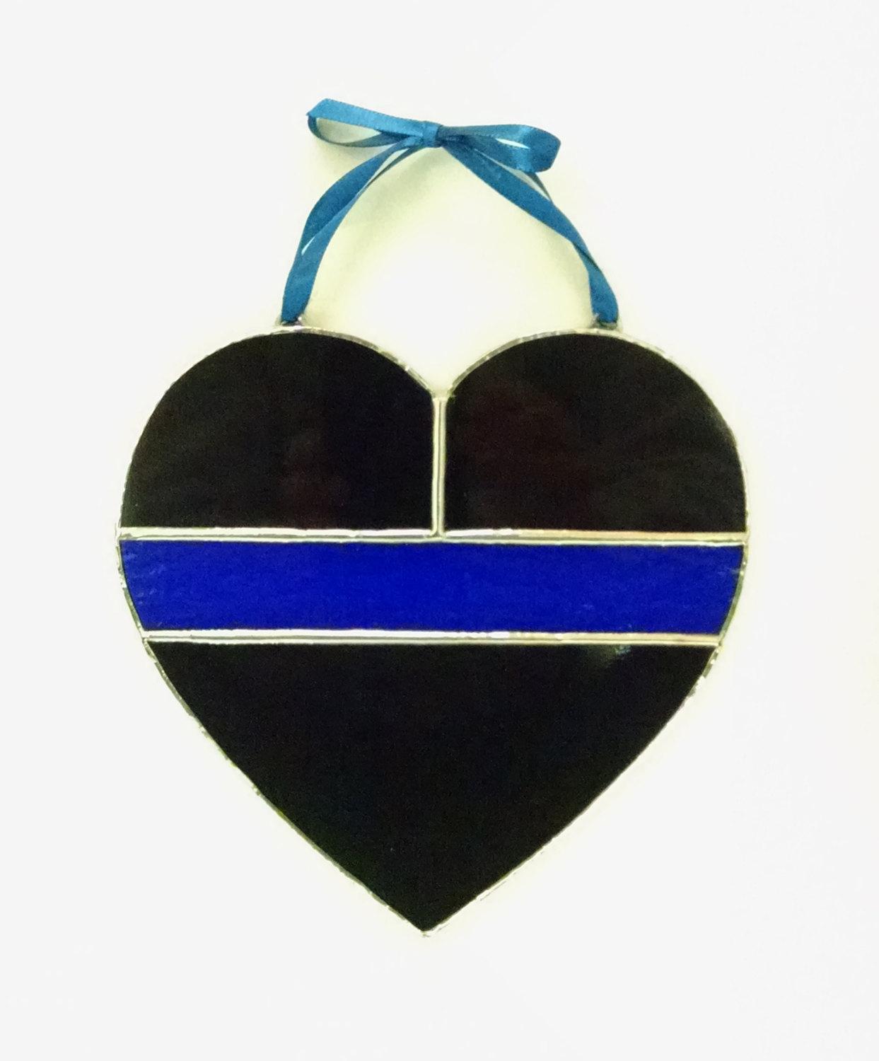 Thin Blue Line Stained Glass Heart, Police Symbol