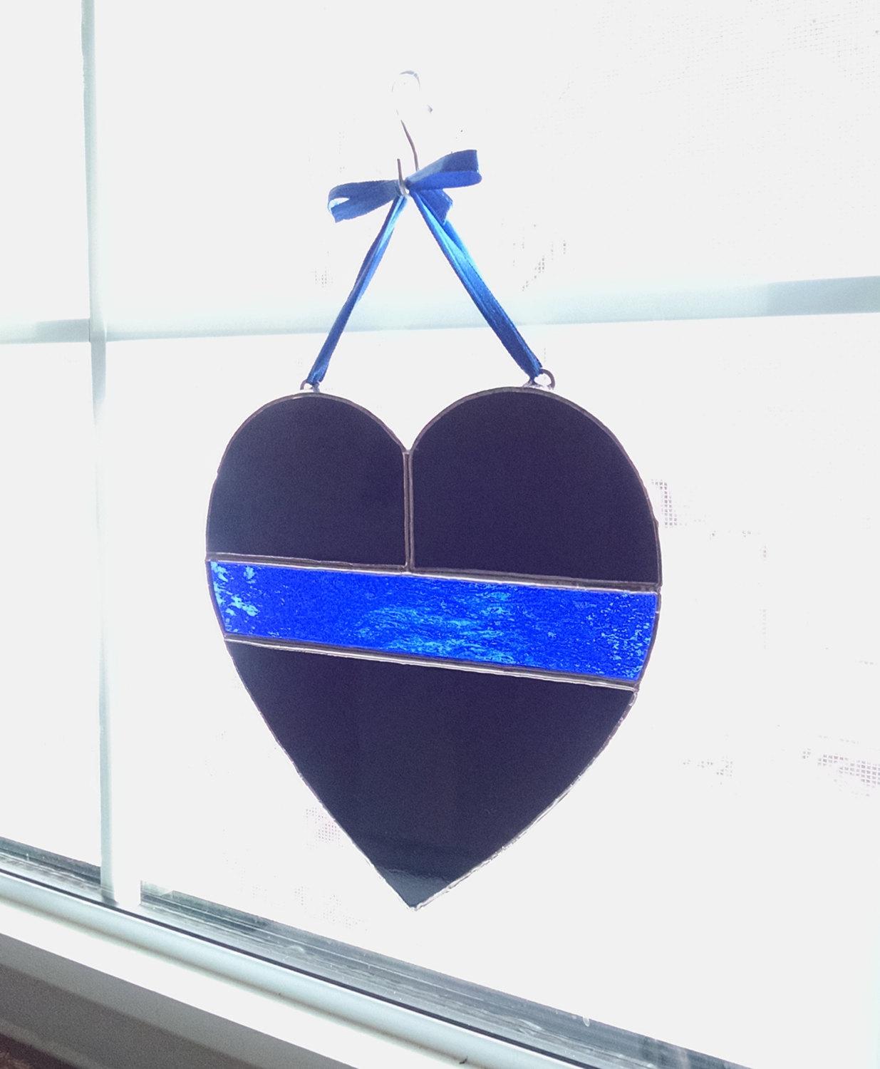 Thin Blue Line Stained Glass Heart, Police Symbol
