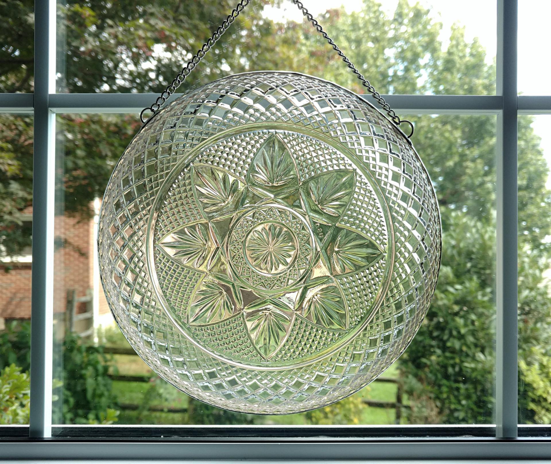 Vintage Glass Plate Window Hanging, Suncatcher, Upcycled Art