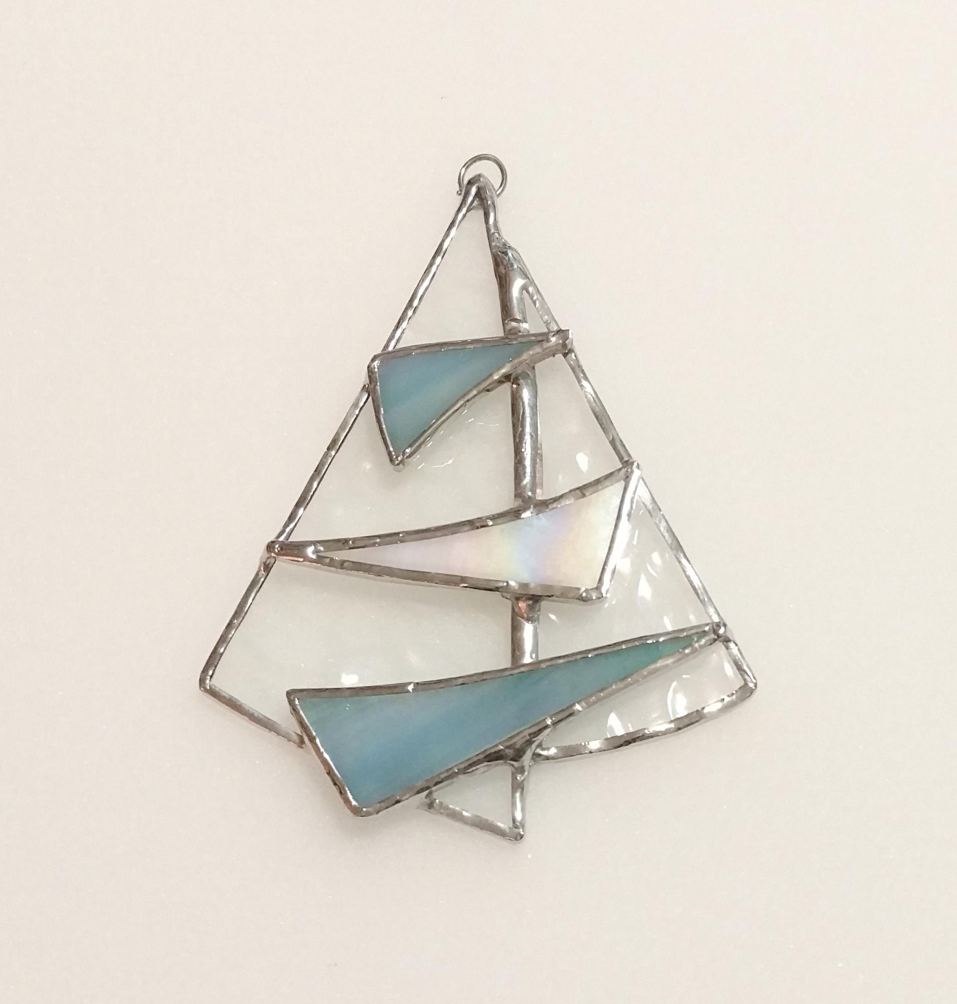 Abstract Sailboat Stained Glass Suncatcher, Iridescent Glass Sculpture