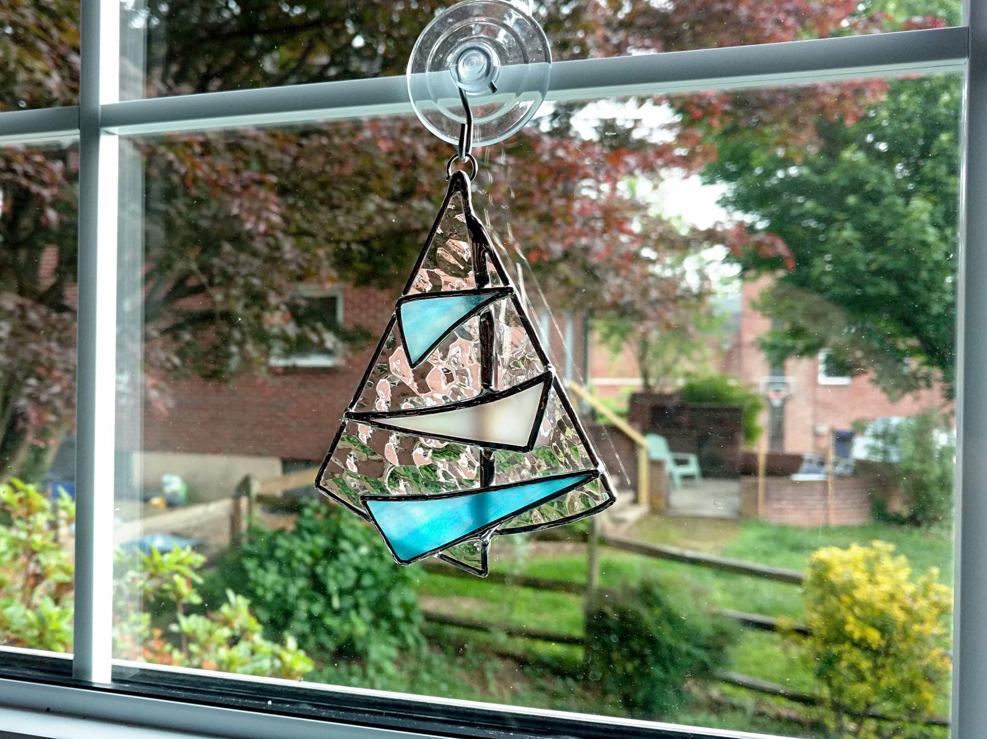 Abstract Sailboat Stained Glass Suncatcher, Iridescent Glass Sculpture