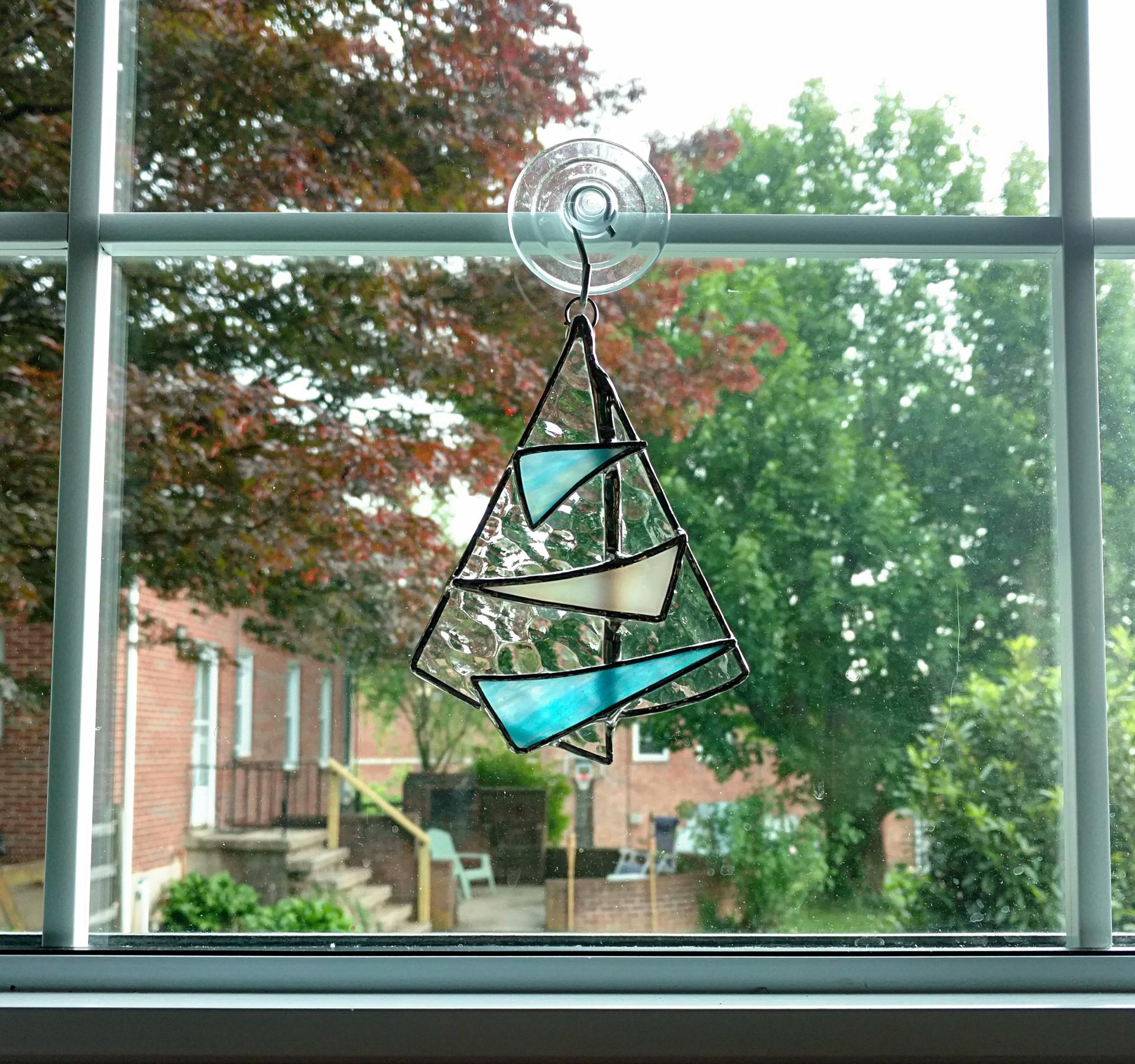Abstract Sailboat Stained Glass Suncatcher, Iridescent Glass Sculpture