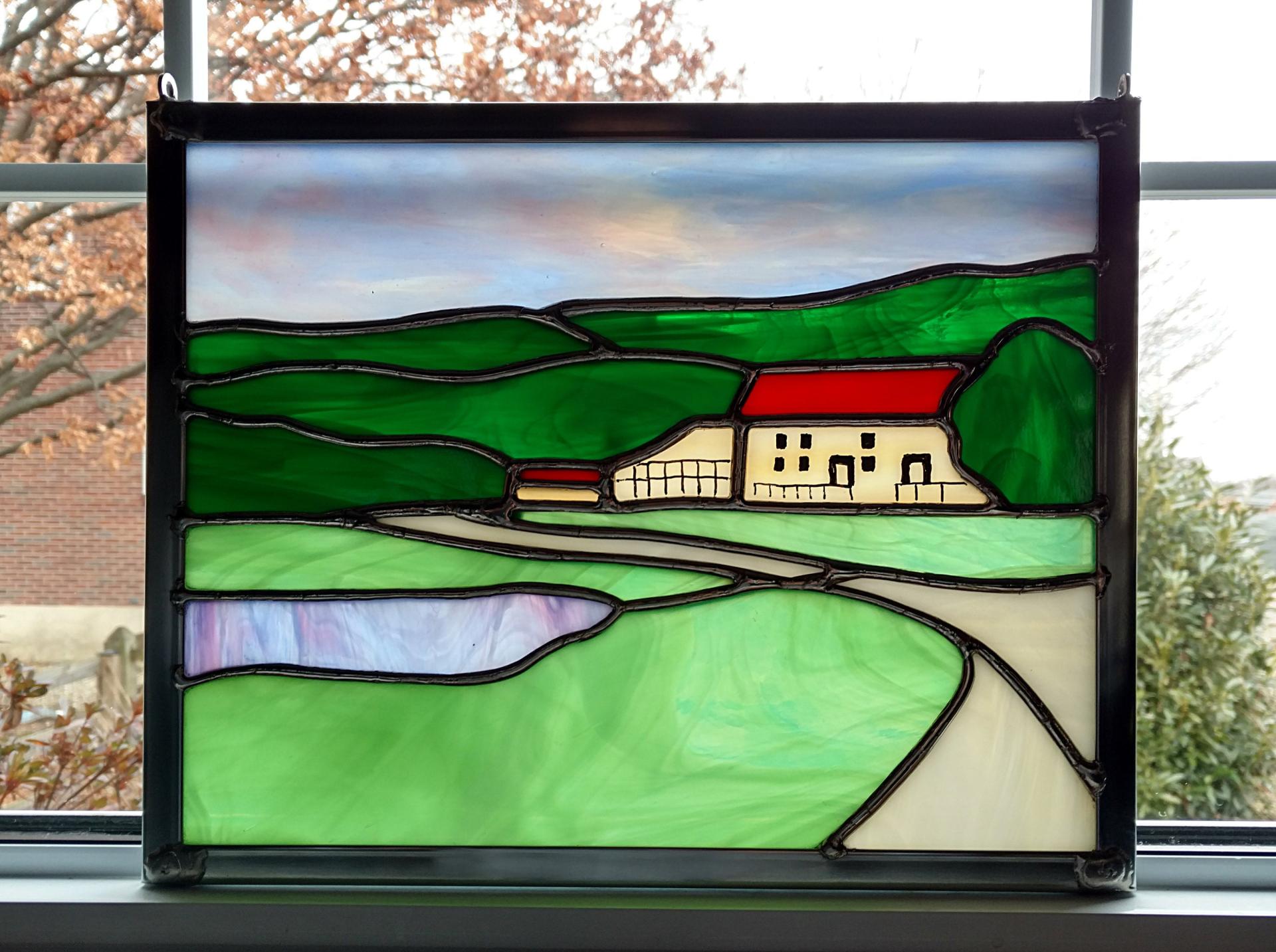 Stained glass panel rendering of the Springfield Manor Inn Winery and Lavender Fields in Thurmont, Maryland. Measure approximately twelve inches by nine inches.