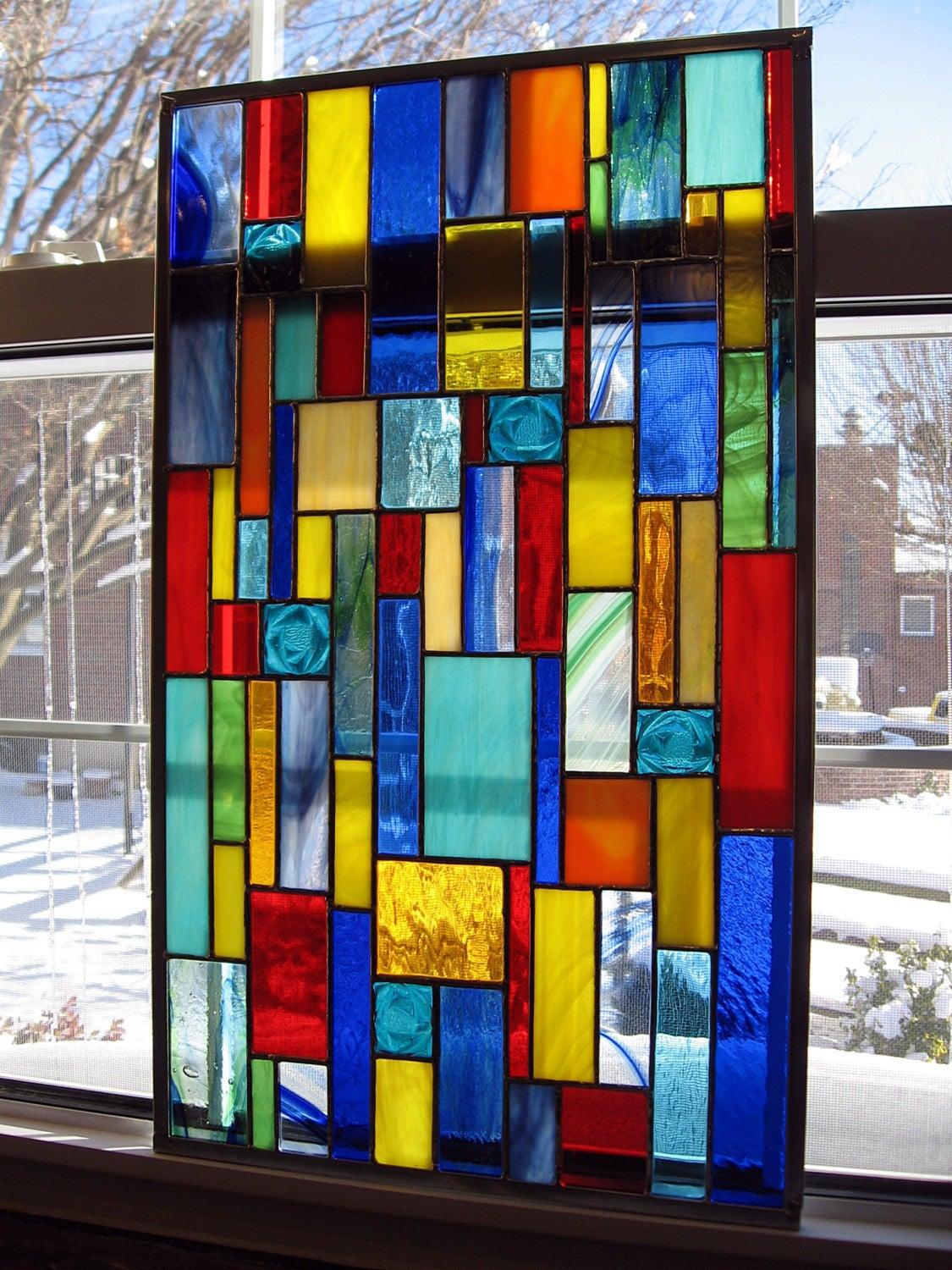 Custom Geometric Stained Glass Window Panel