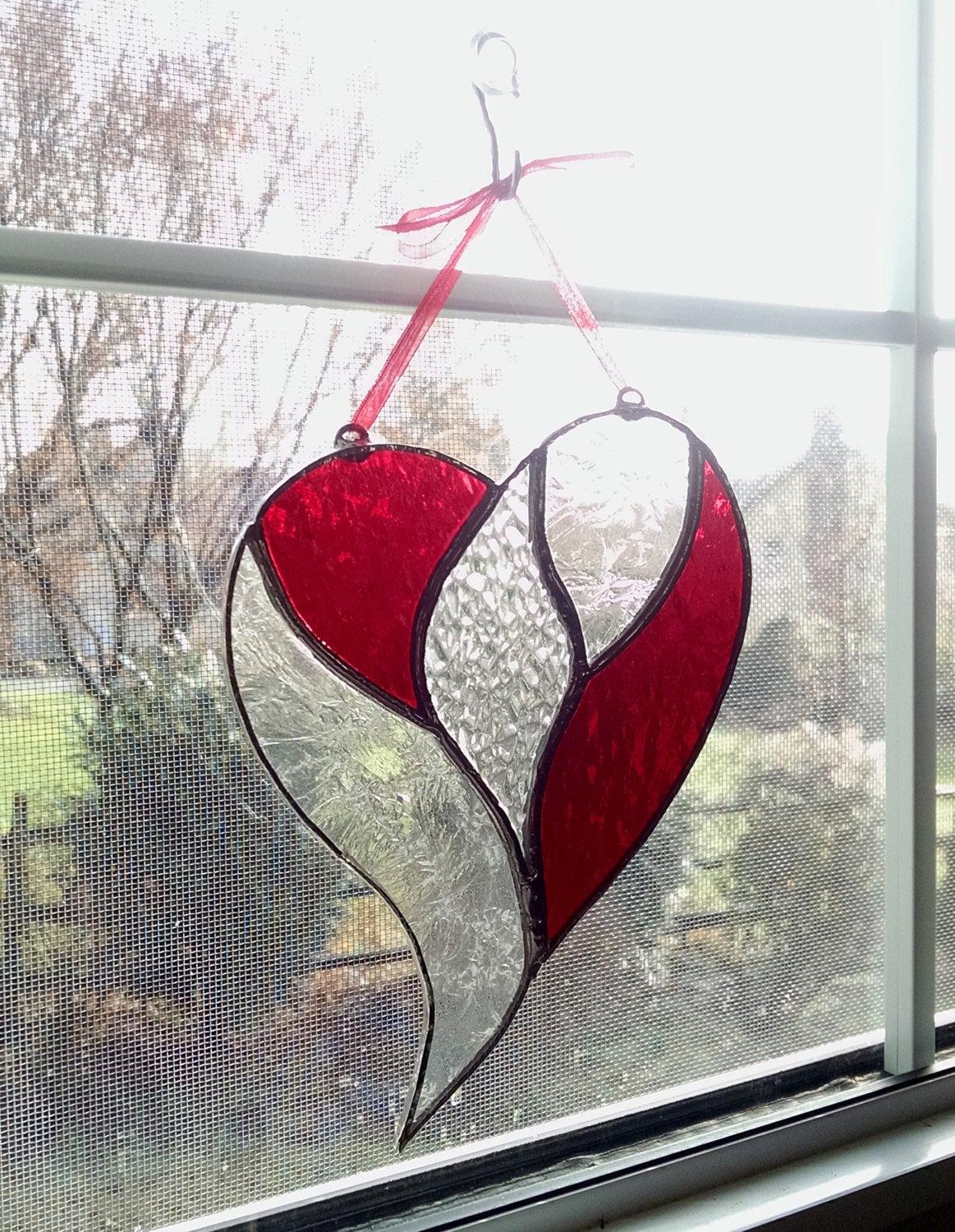 Stained Glass Heart Suncatcher, Red and Clear, Valentines Day Gift