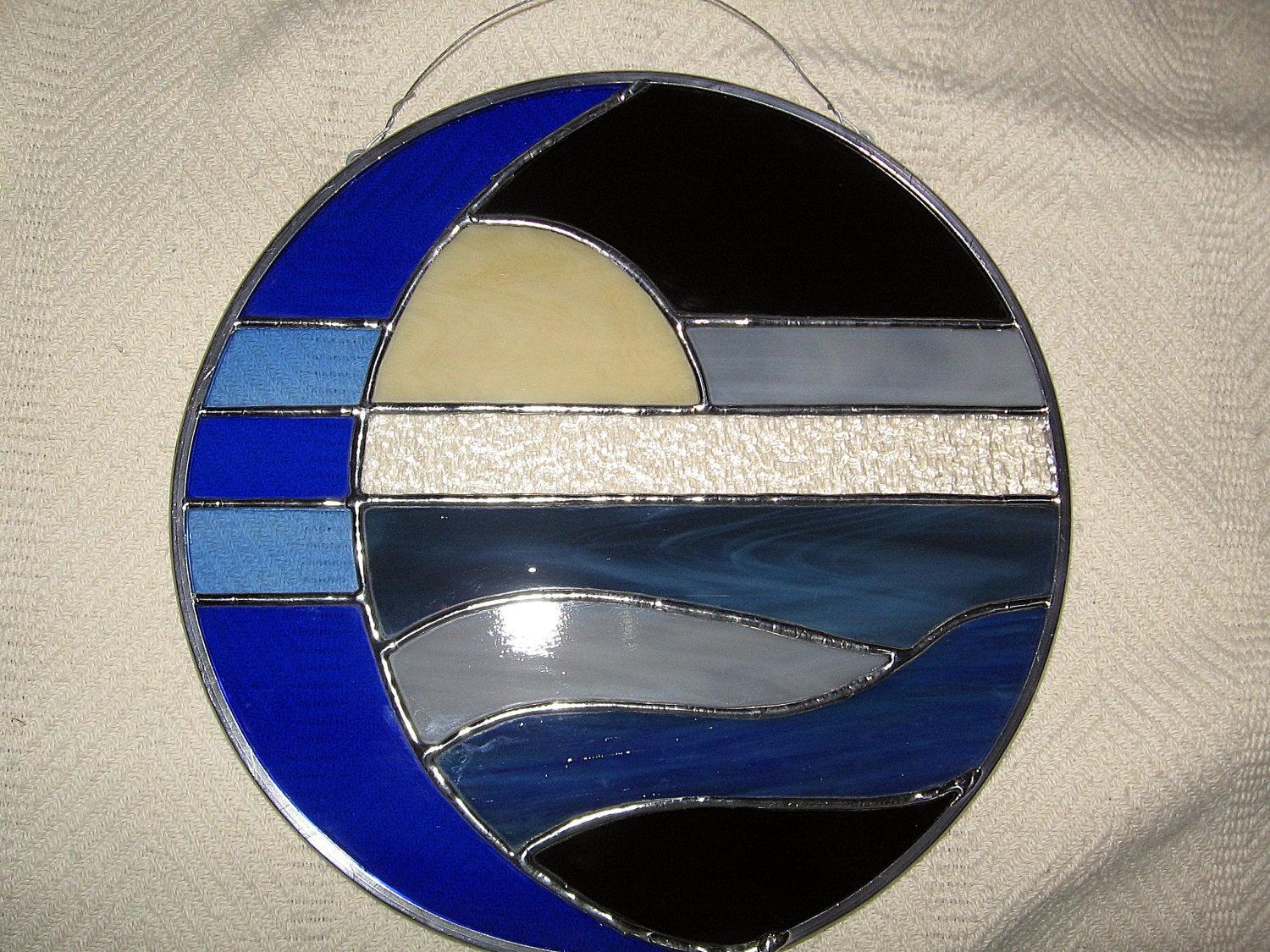 Moon and Sun Over Water Round Stained Glass Panel, Ocean Sunset