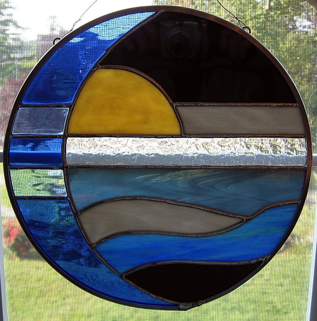 Moon and Sun Over Water Round Stained Glass Panel, Custom Colors Available