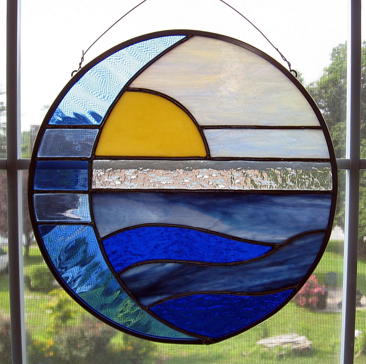 Moon and Sun Over Water Round Stained Glass Panel, Custom Colors Available