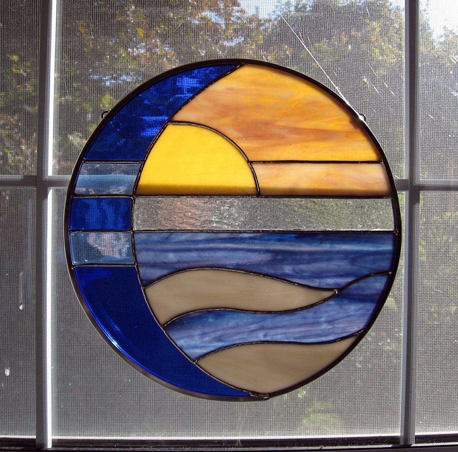 Moon and Sun Over Water Round Stained Glass Panel, Suncatcher