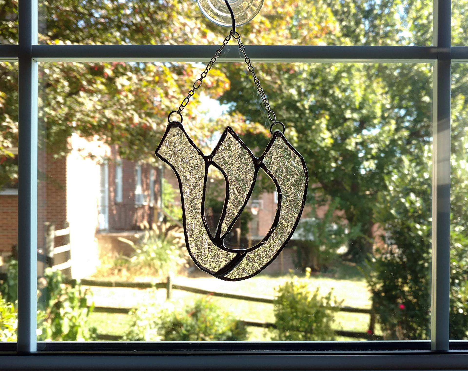Stained Glass Hebrew Shin Letter Suncatcher, Clear Cathedral Glass