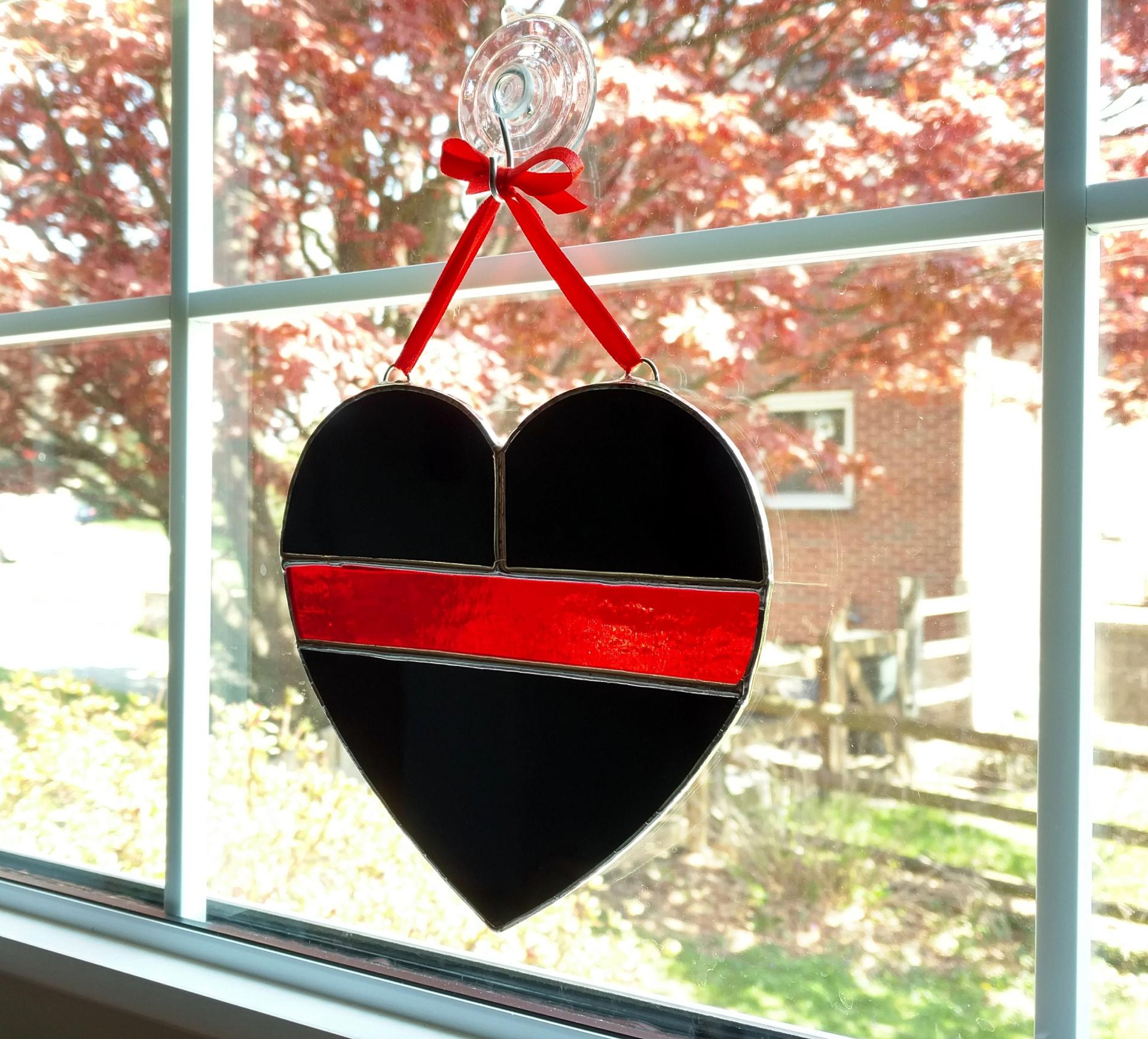 Thin Red Line Stained Glass Heart, Fire Service Symbol, Firefighter Gift