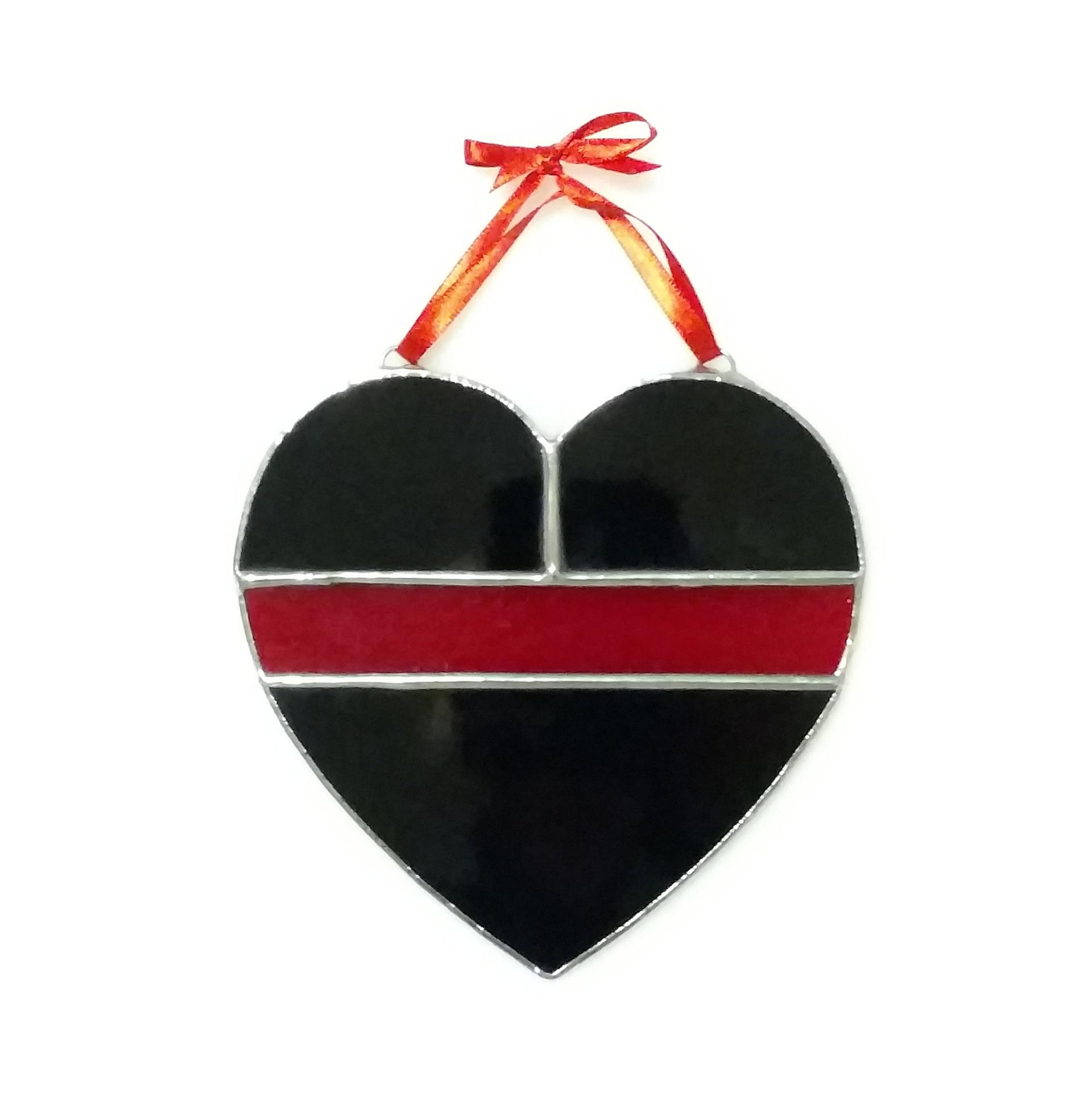 Thin Red Line Stained Glass Heart, Fire Service Symbol, Firefighter Gift