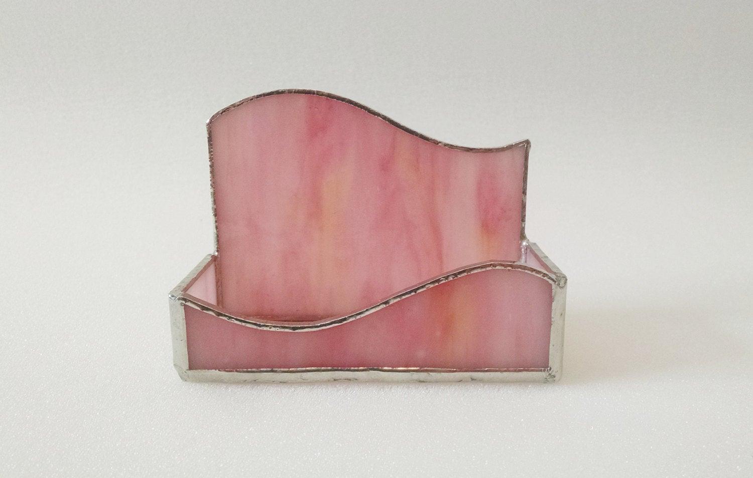 Business Card Holder, Pink Swirled Opalescent Glass, Custom Colors Available