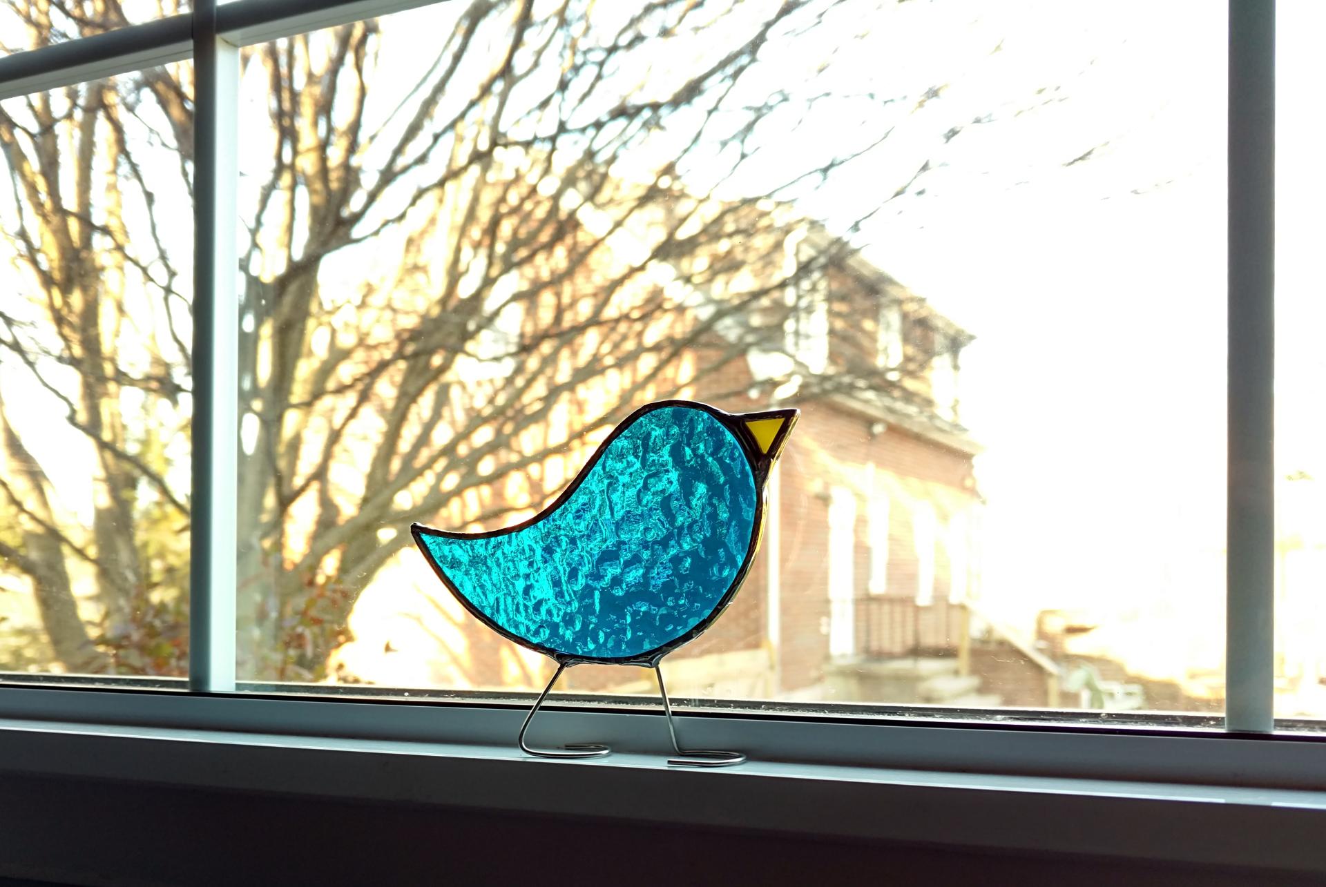 Stained Glass Standing Bird, Turquoise Blue Cathedral Glass