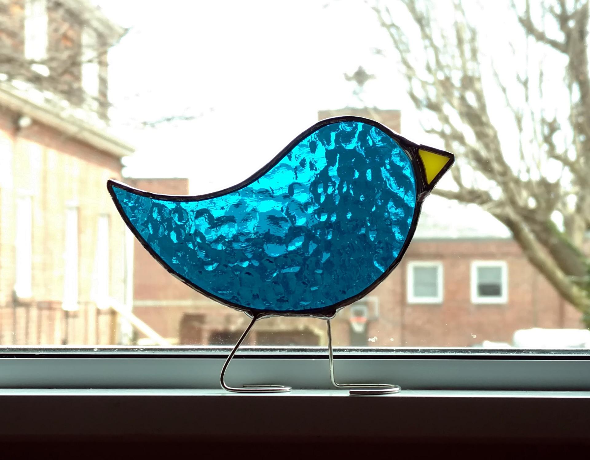 Stained Glass Standing Bird, Turquoise Blue Cathedral Glass