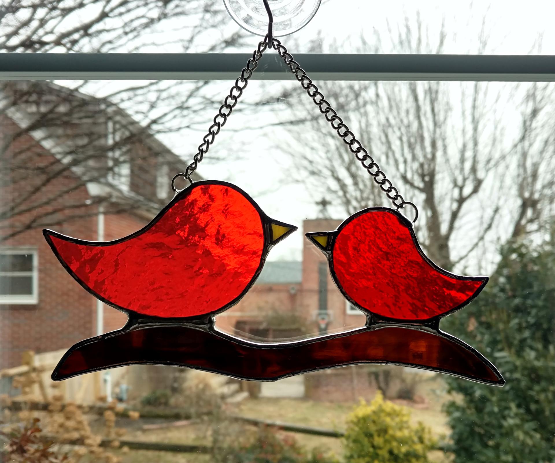 Momma and Baby Birds on a Branch Suncatcher, Red Stained Glass Birds, Custom Colors Available