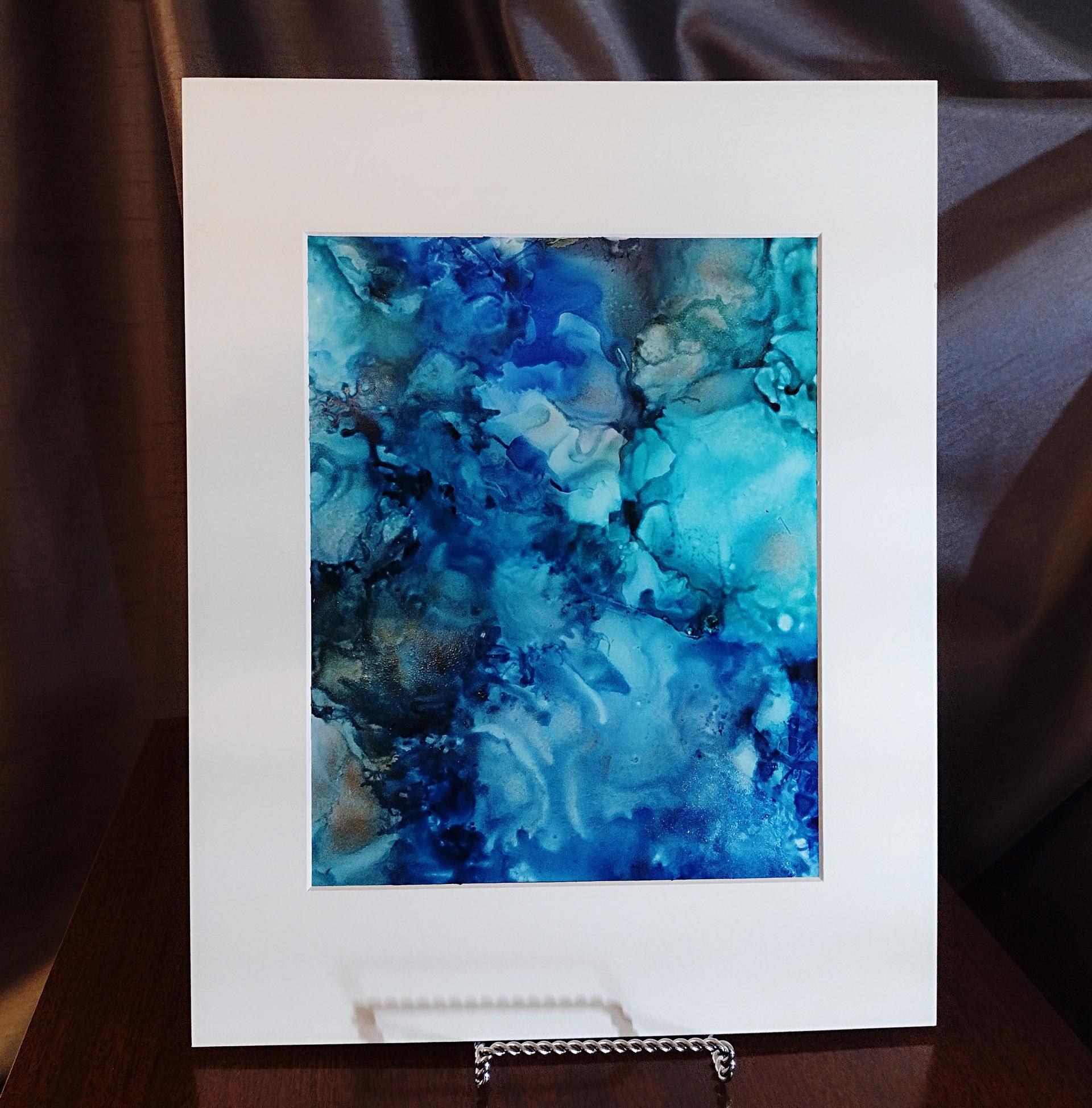 Alcohol Ink Painting, 8 x 10 Matted to 11 x 14, Blue and Silver Abstract