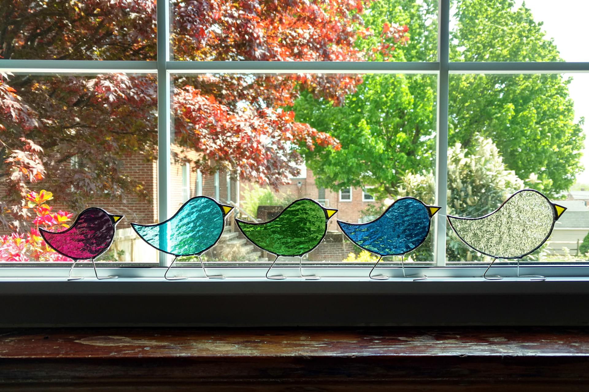 Custom Stained Glass Standing Bird Family, Birthstone and Custom Color Options in Small, Medium, and Large Sized Birds