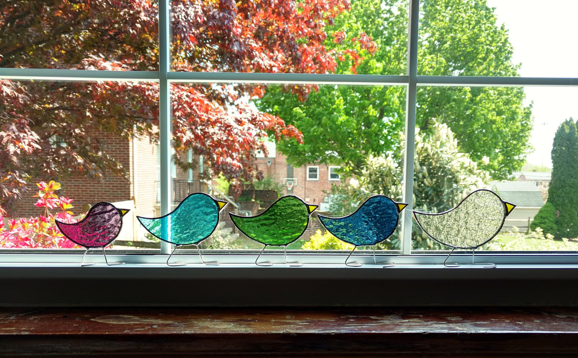 Custom Stained Glass Standing Bird Family, Birthstone and Custom Color Options in Small, Medium, and Large Sized Birds