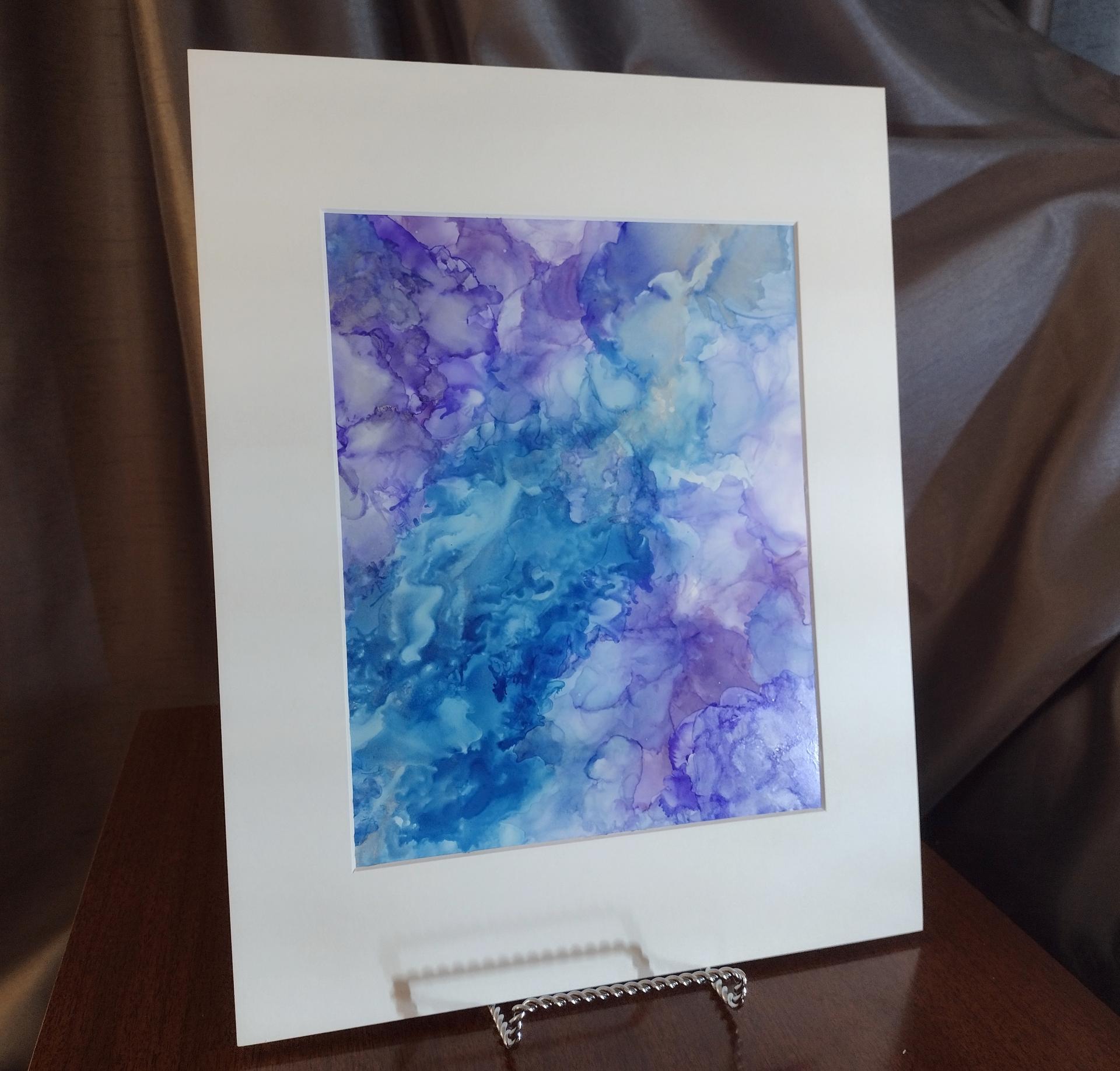 Alcohol Ink Painting, 8 x 10 Matted to 11 x 14, Purple and Blue Abstract