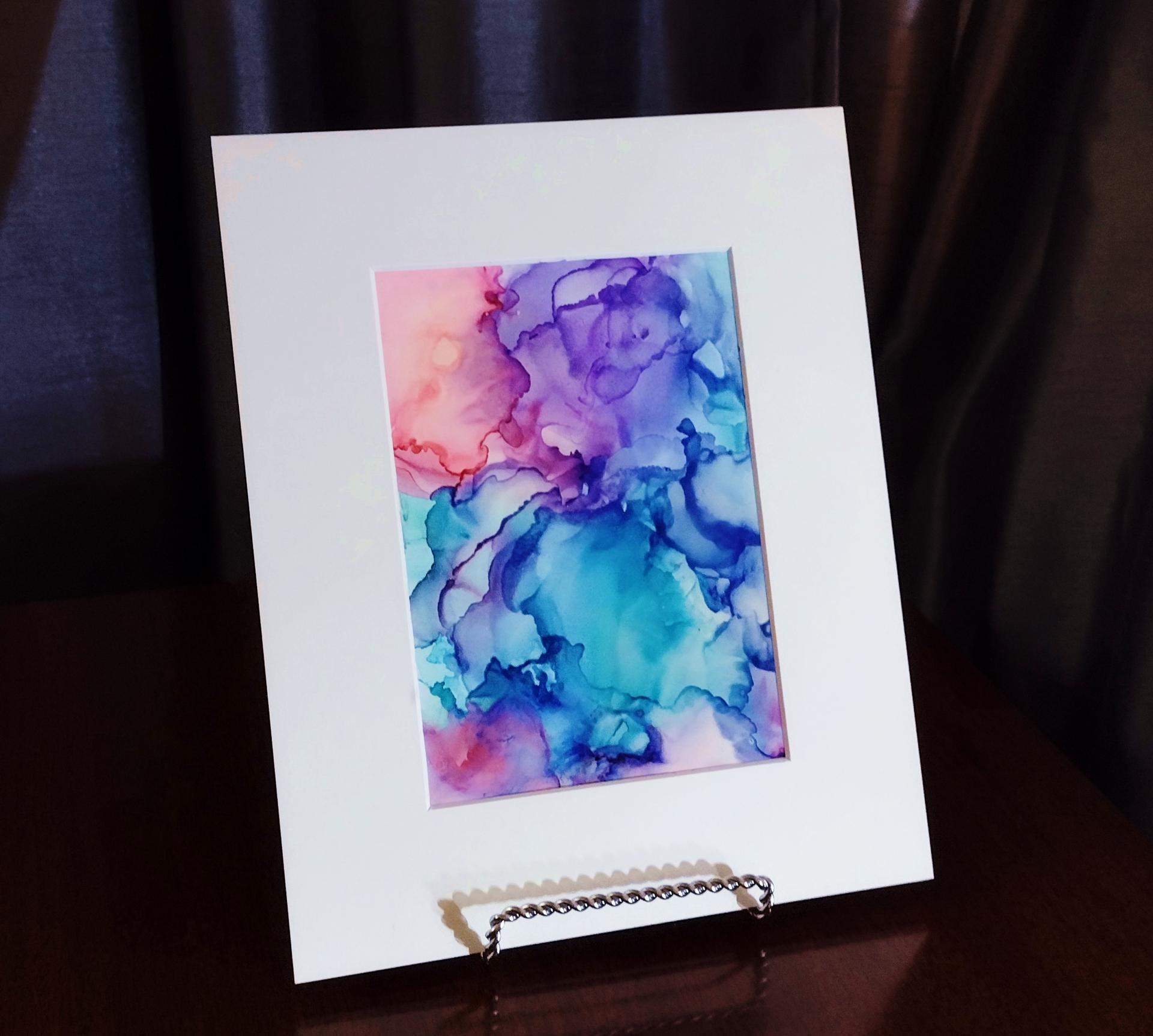 Alcohol Ink Painting, 5 x 7 Matted to 8 x 10, Blue Pink and Purple Abstract Art