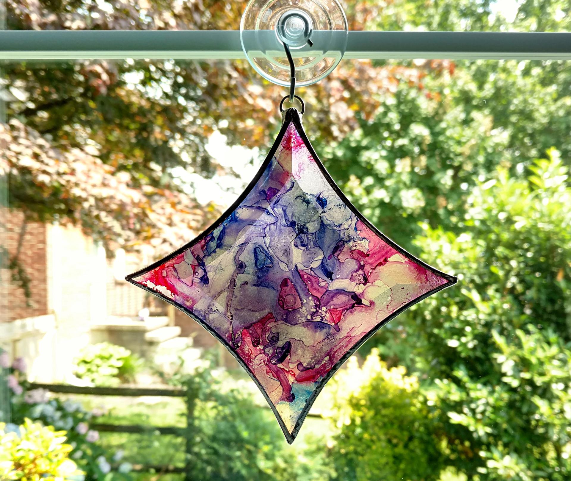 Stained Glass Bevel Suncatcher, Alcohol Ink Pink, Purple, and Blue Abstract