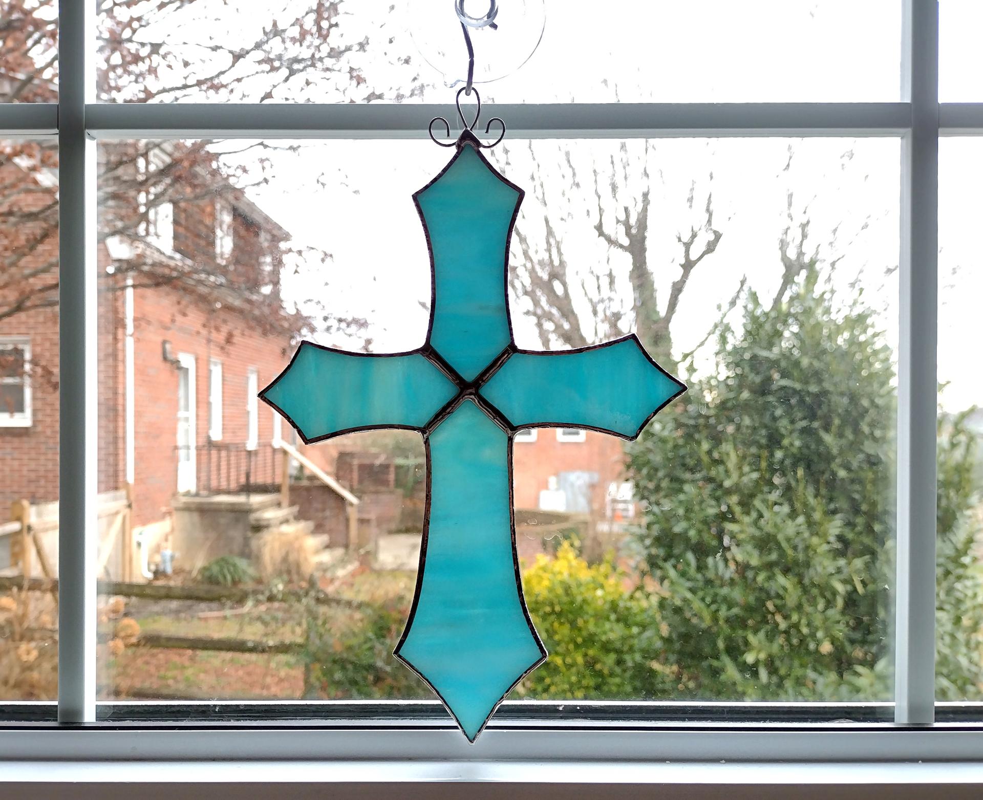 Stained Glass Cross Suncatcher, Blue Iridescent