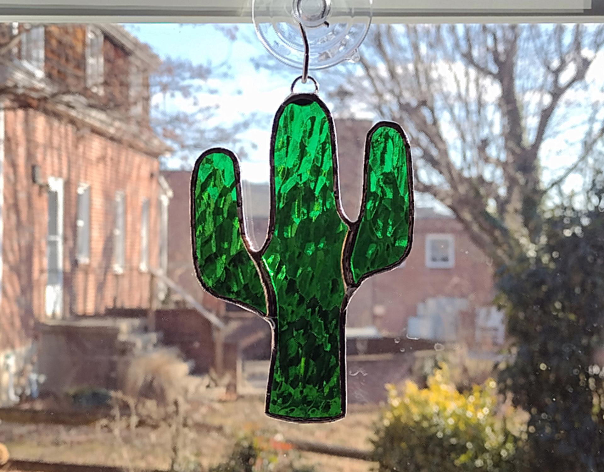 Stained Glass Cactus Suncatcher, Green Hammered Cathedral, Custom Colors Available