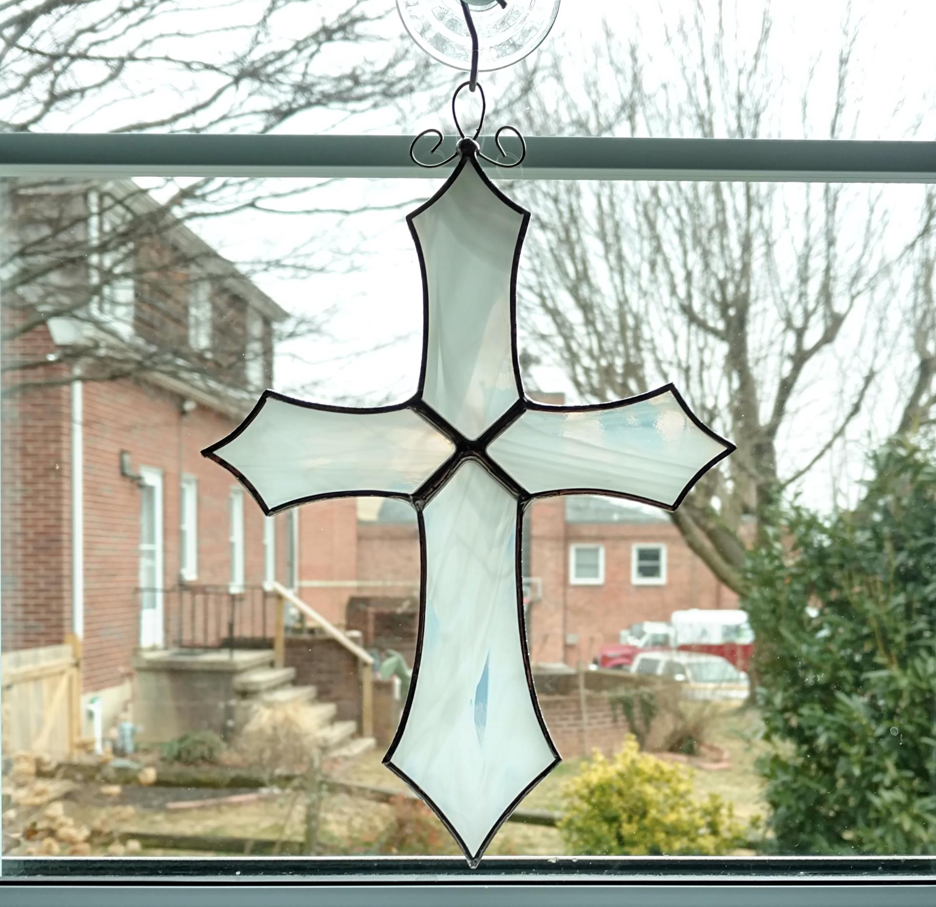 Stained Glass Cross Suncatcher, White Swirl