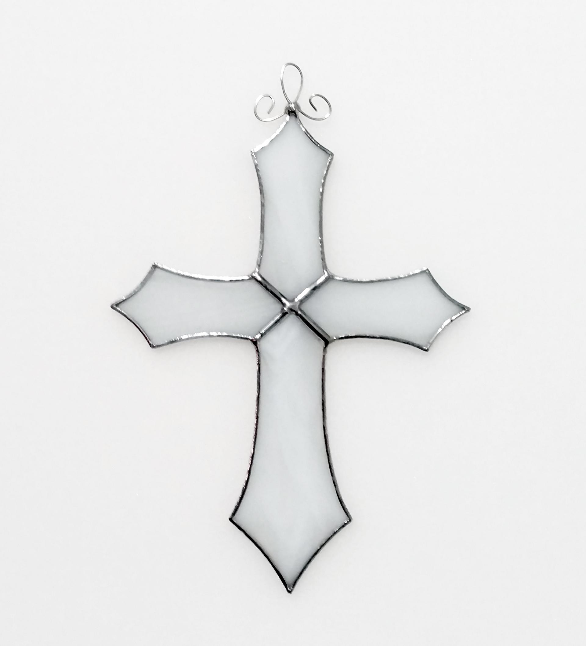 Stained Glass Cross Suncatcher, White Swirl