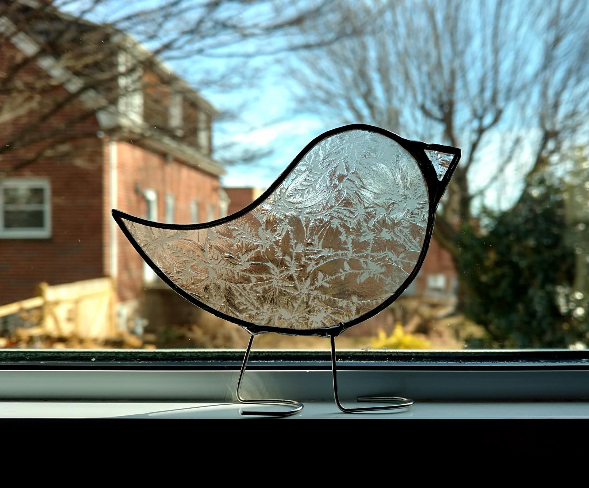 Stained Glass Standing Bird, Clear Glue Chip Glass