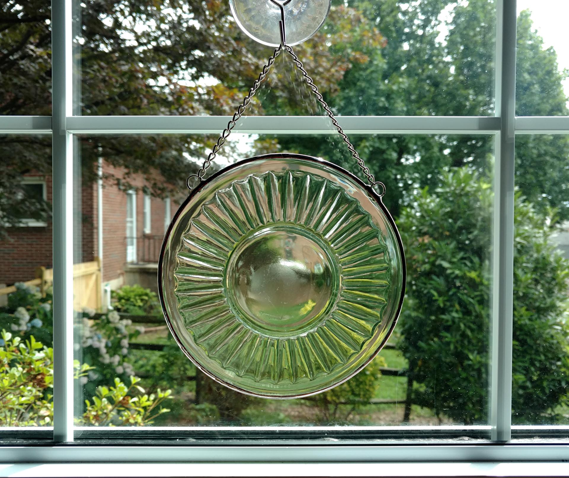 Vintage Green Pressed Glass Plate Window Hanging