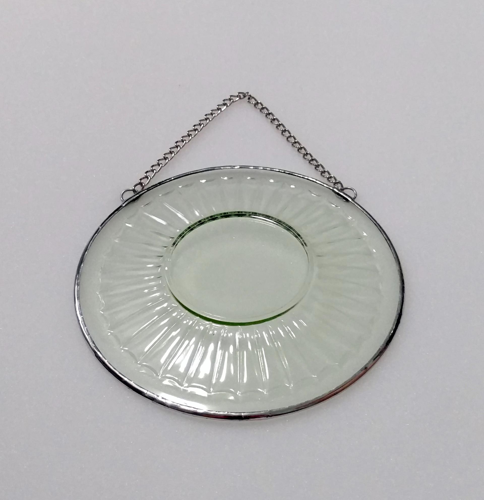 Vintage Green Pressed Glass Plate Window Hanging