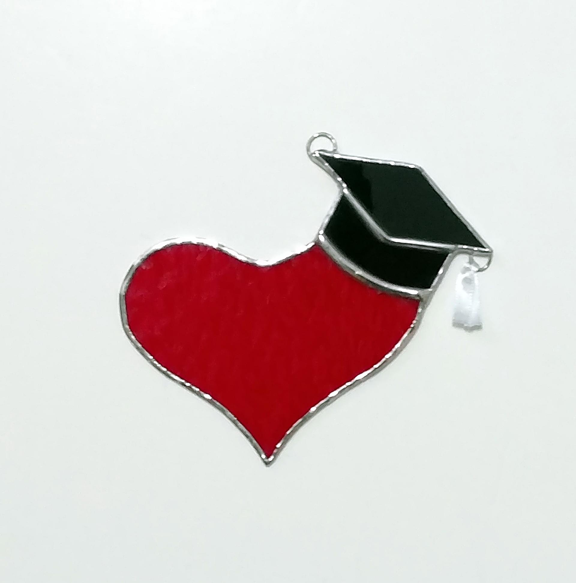 I Love Graduate Stained Glass Suncatcher, Heart with Graduation Cap, Custom Colors Available
