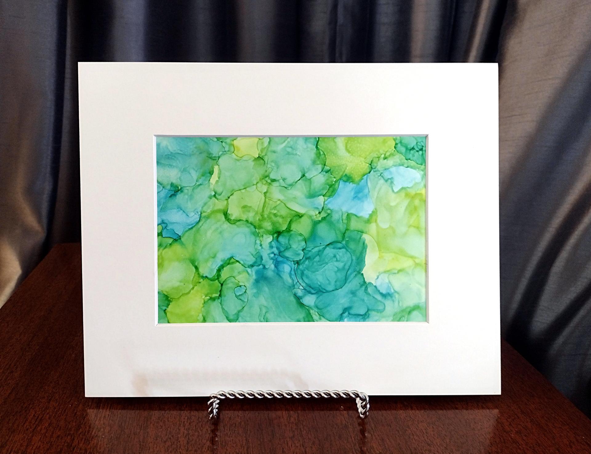 Alcohol Ink Painting, 5 x 7 Matted to 8 x 10, Blues and Greens