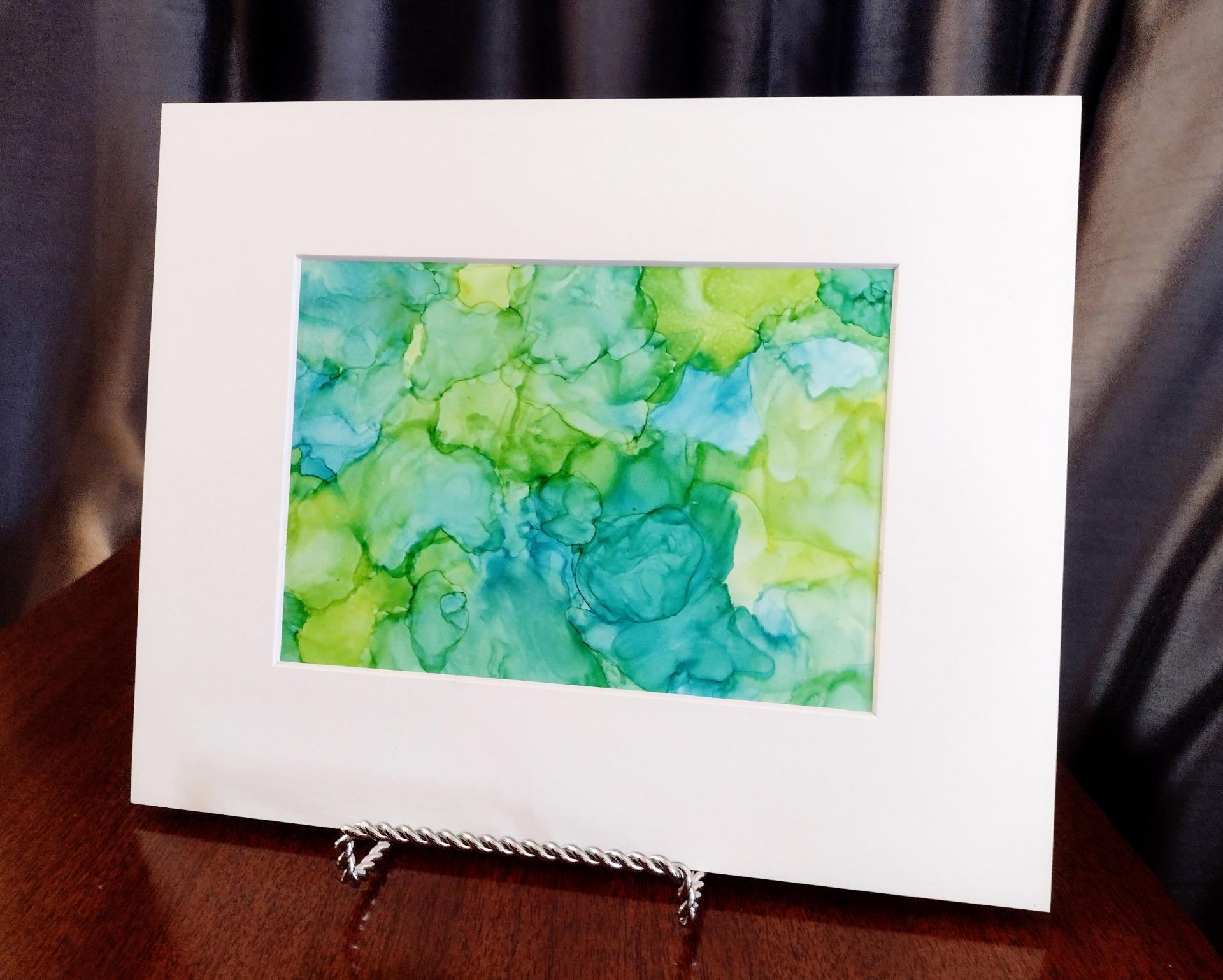 Alcohol Ink Painting, 5 x 7 Matted to 8 x 10, Blues and Greens