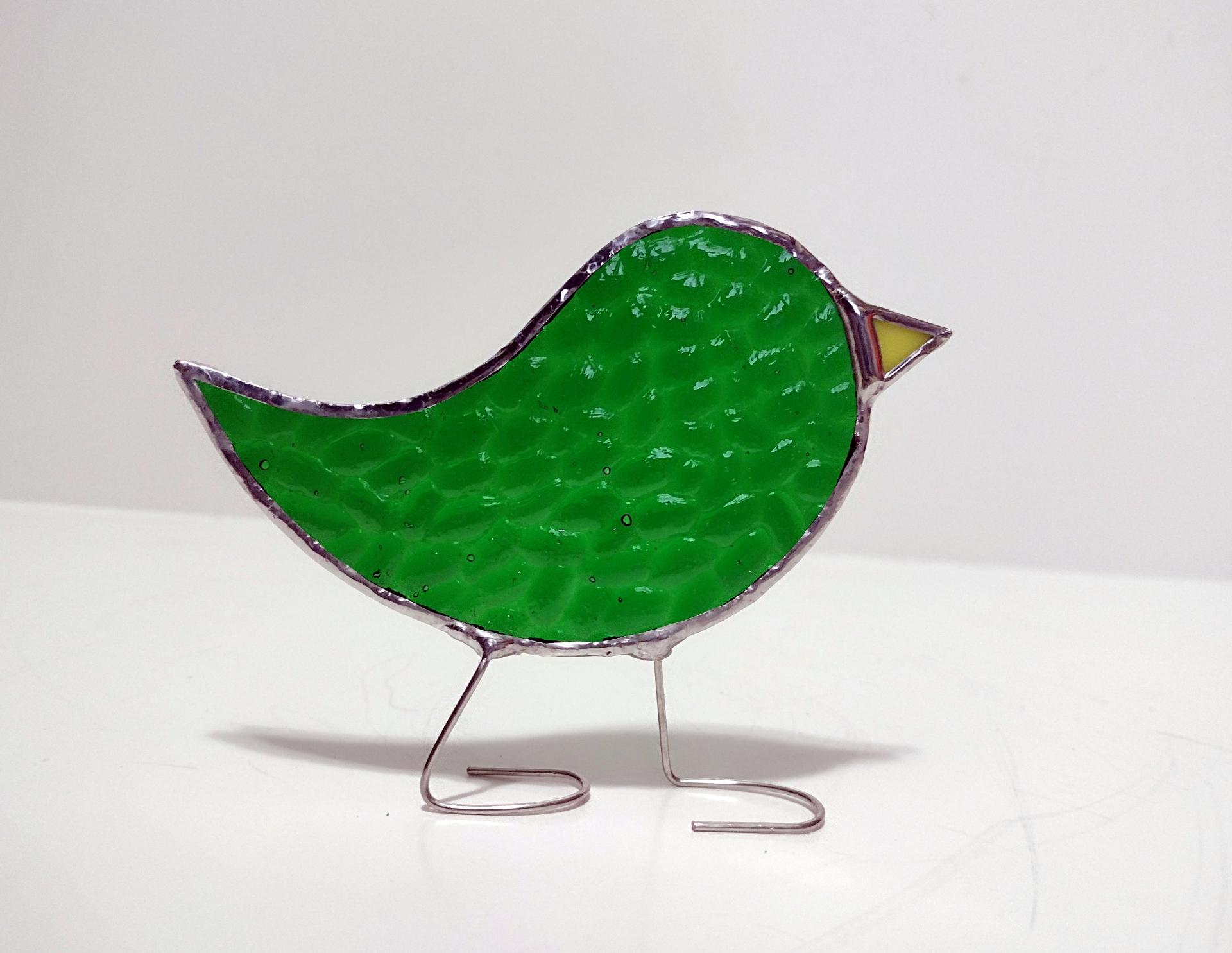 Stained Glass Standing Bird, Green Hammered Cathedral Glass