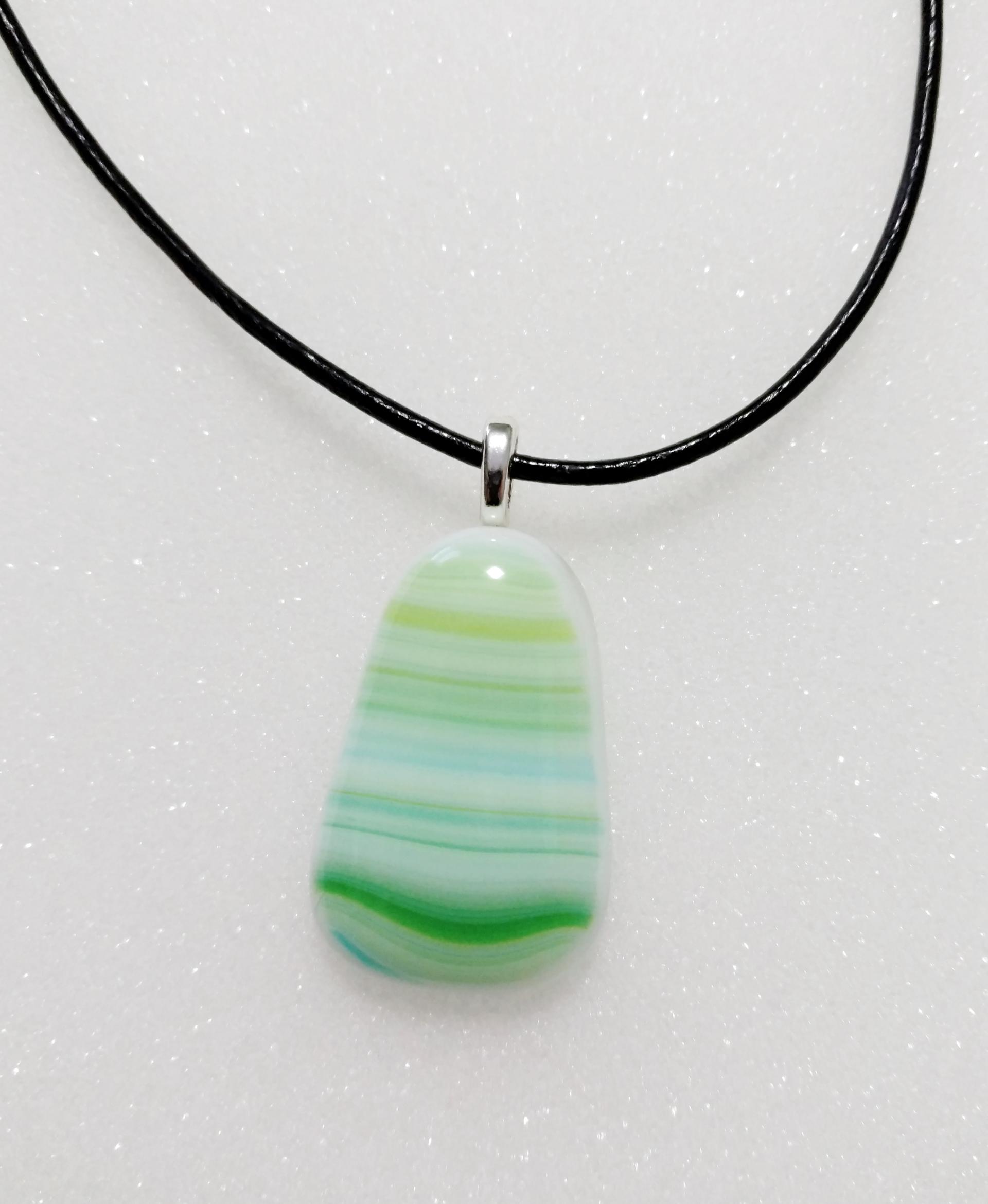Fused Glass Pendant, Green and White Swirl