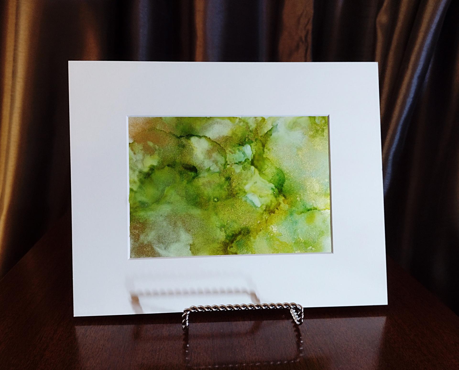 Alcohol Ink Painting, 5 x 7 Matted to 8 x 10, Green and Gold Abstract Art