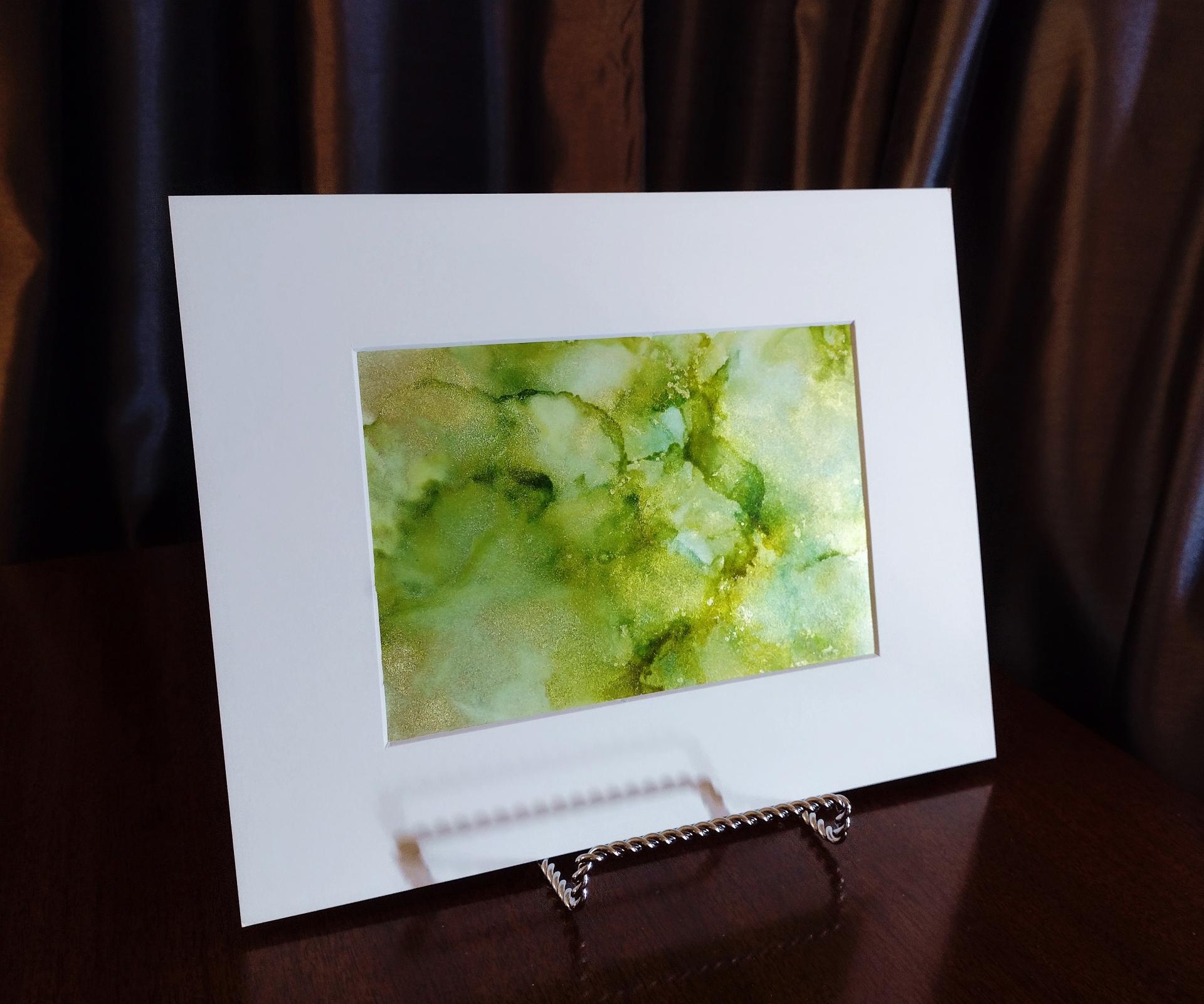 Alcohol Ink Painting, 5 x 7 Matted to 8 x 10, Green and Gold Abstract Art