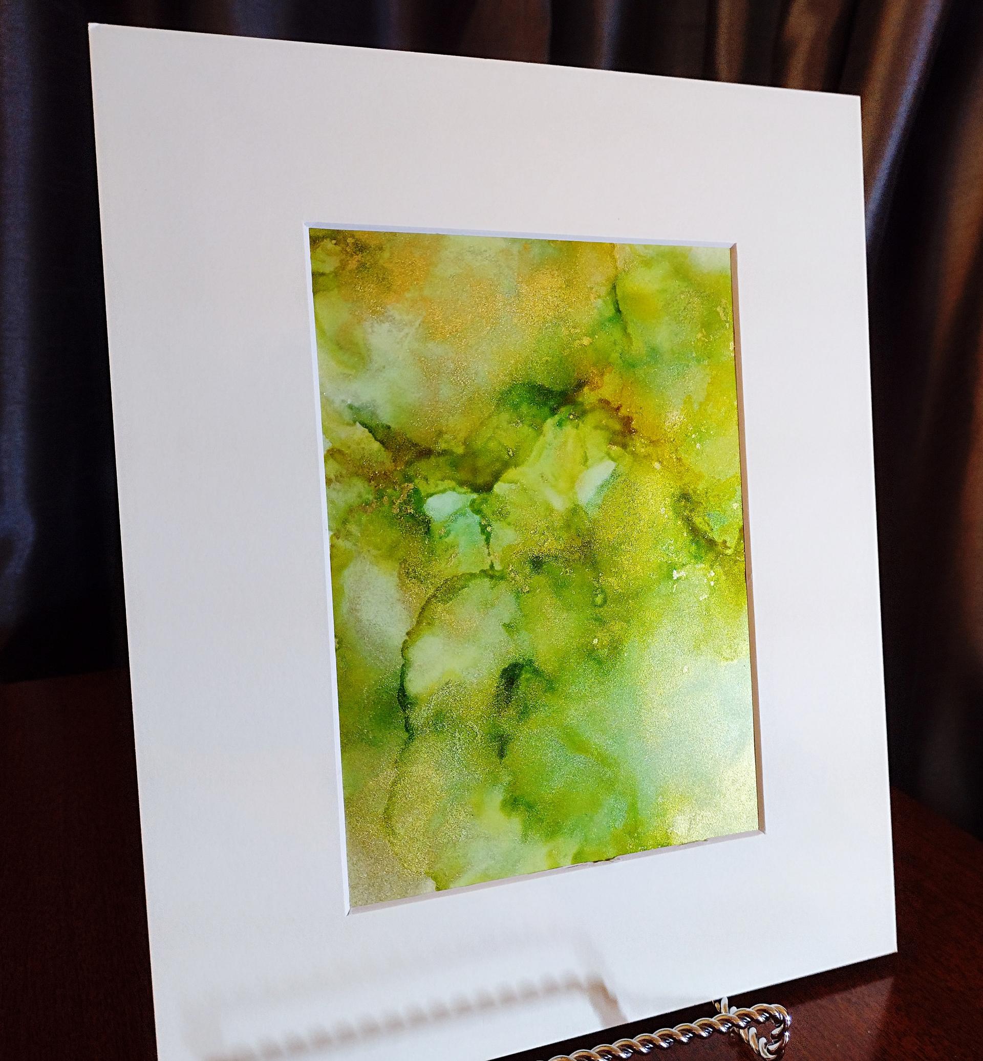 Alcohol Ink Painting, 5 x 7 Matted to 8 x 10, Green and Gold Abstract Art