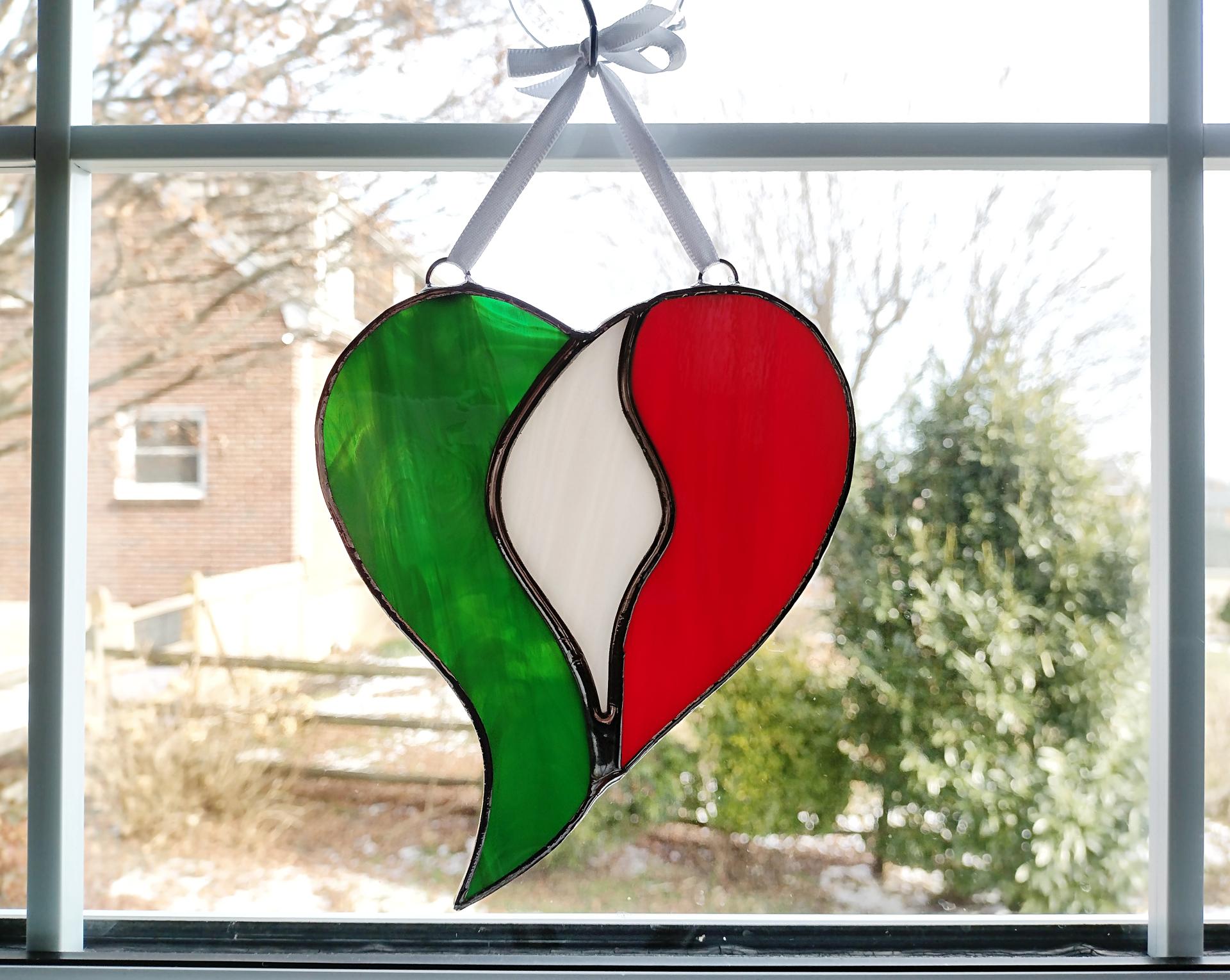 Italian Flag Unity Heart Stained Glass Suncatcher, Custom Colors Available