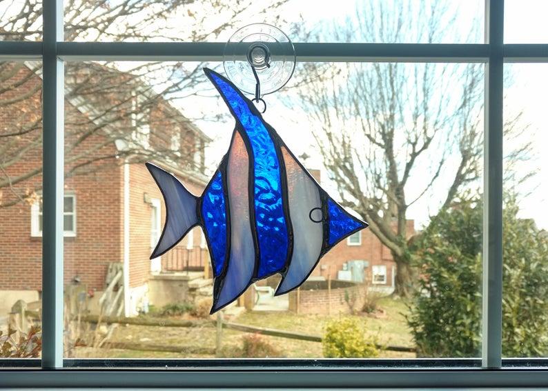 Angel Fish Stained Glass Suncatcher, Iridescent Blue