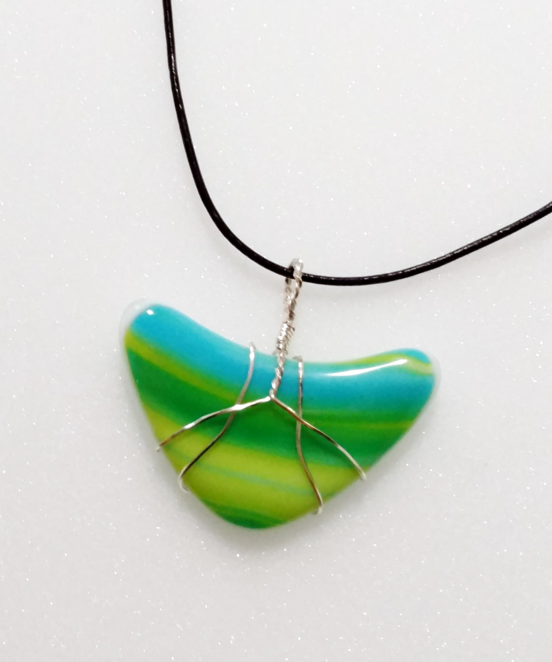 Fused Glass Wire Wrapped Pendant, Green and Blue Swirl