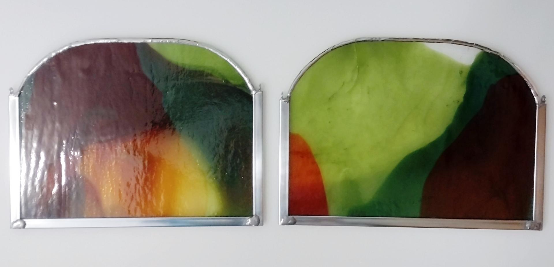 Stained Glass Arched Panels, Set of Two, Mountain Scene