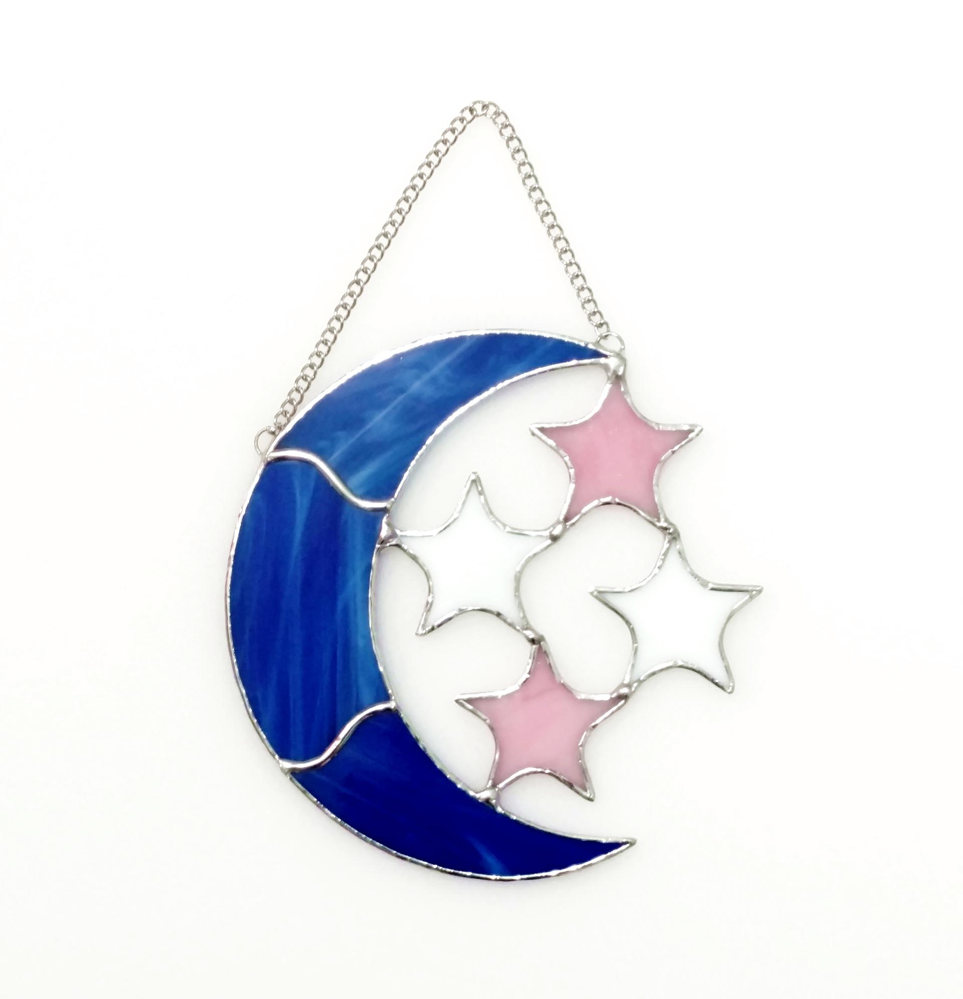Moon and Stars Stained Glass Suncatcher, Opalescent Glass, Celestial Decor