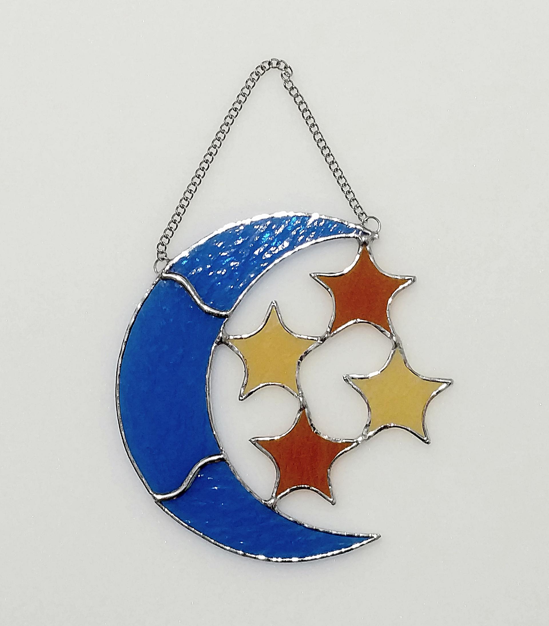 Moon and Stars Stained Glass Suncatcher, Cathedral Glass, Celestial Decor