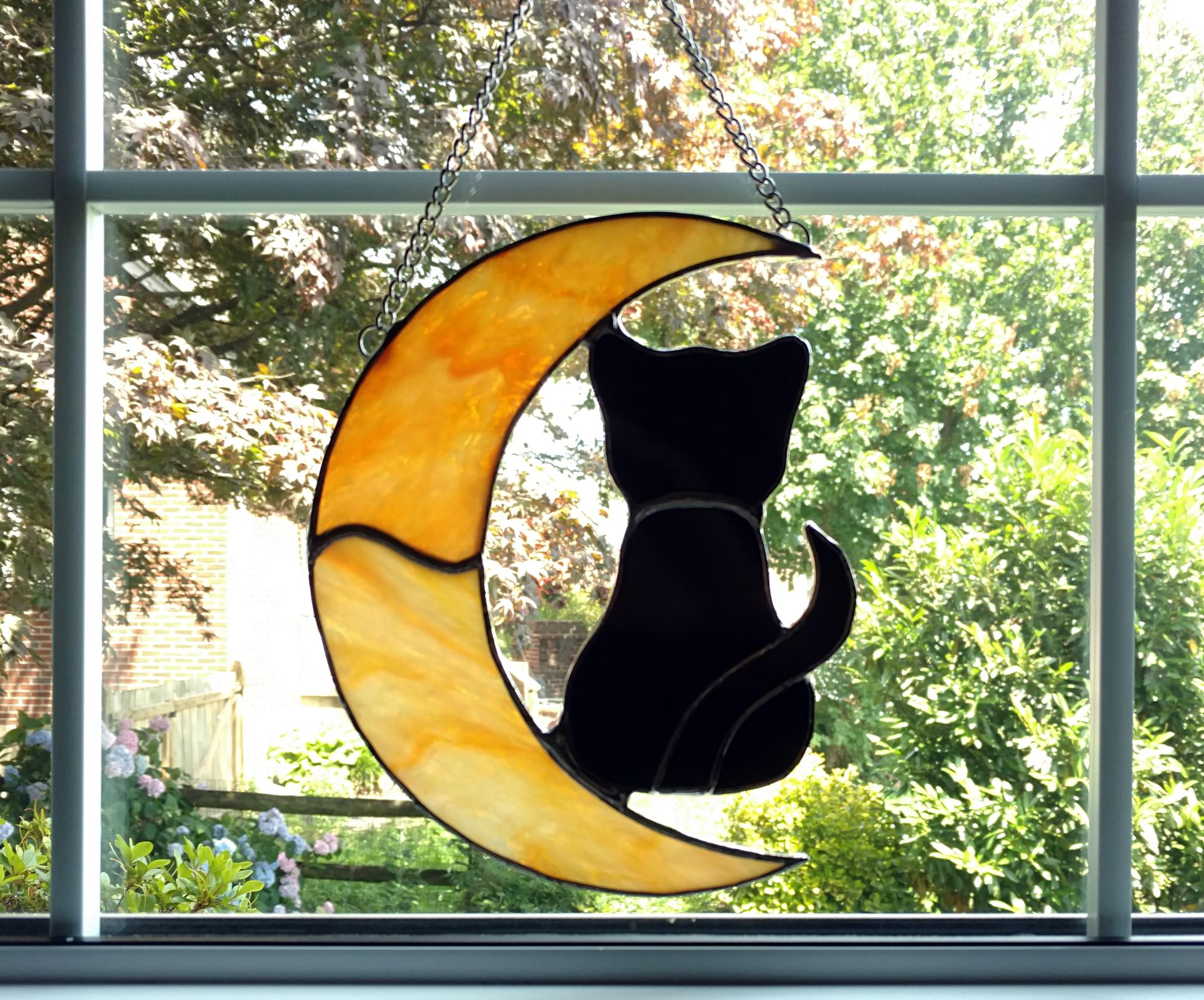 Stained Glass Black Cat on a Crescent Moon Suncatcher