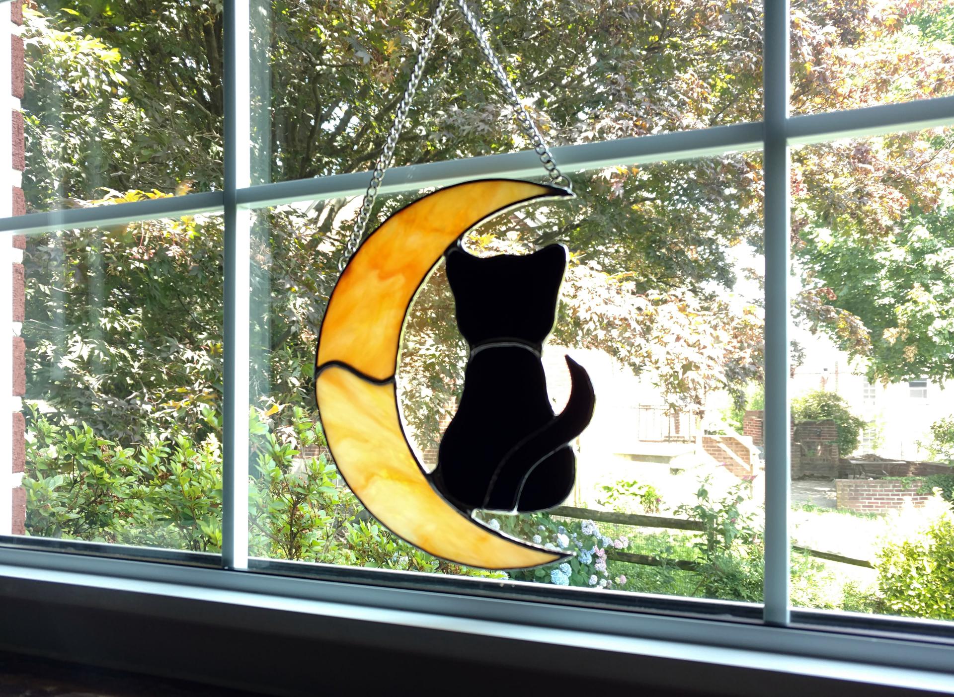Stained Glass Black Cat on a Crescent Moon Suncatcher